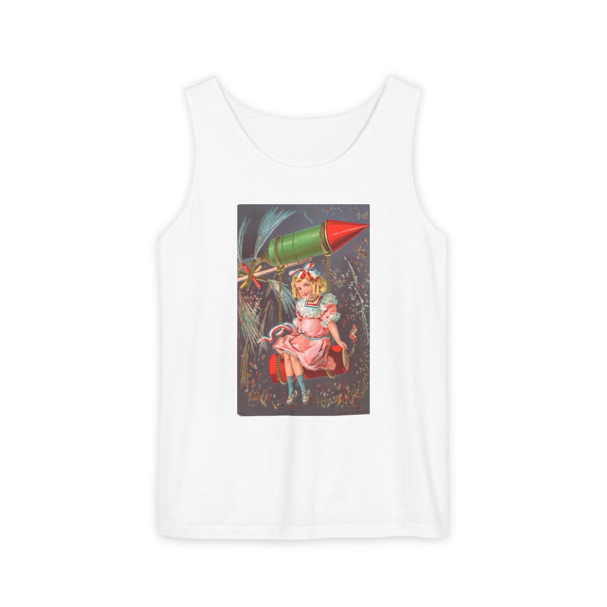 1907 Rocket Girl tank top white — vintage 4th of July postcard art — The Faded Label Co.