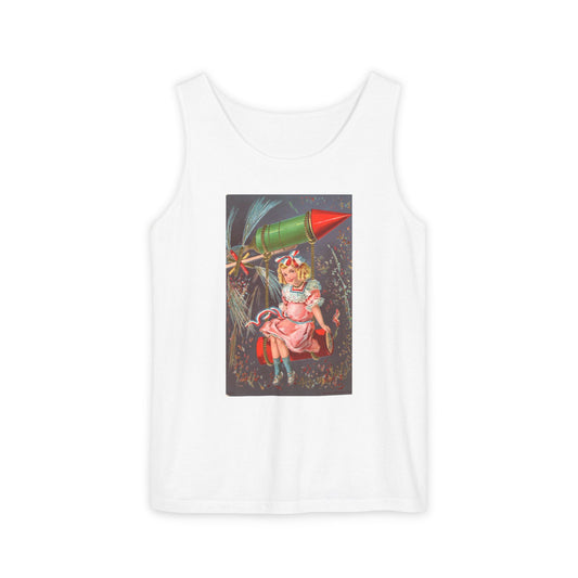 1907 Rocket Girl tank top white — vintage 4th of July postcard art — The Faded Label Co.