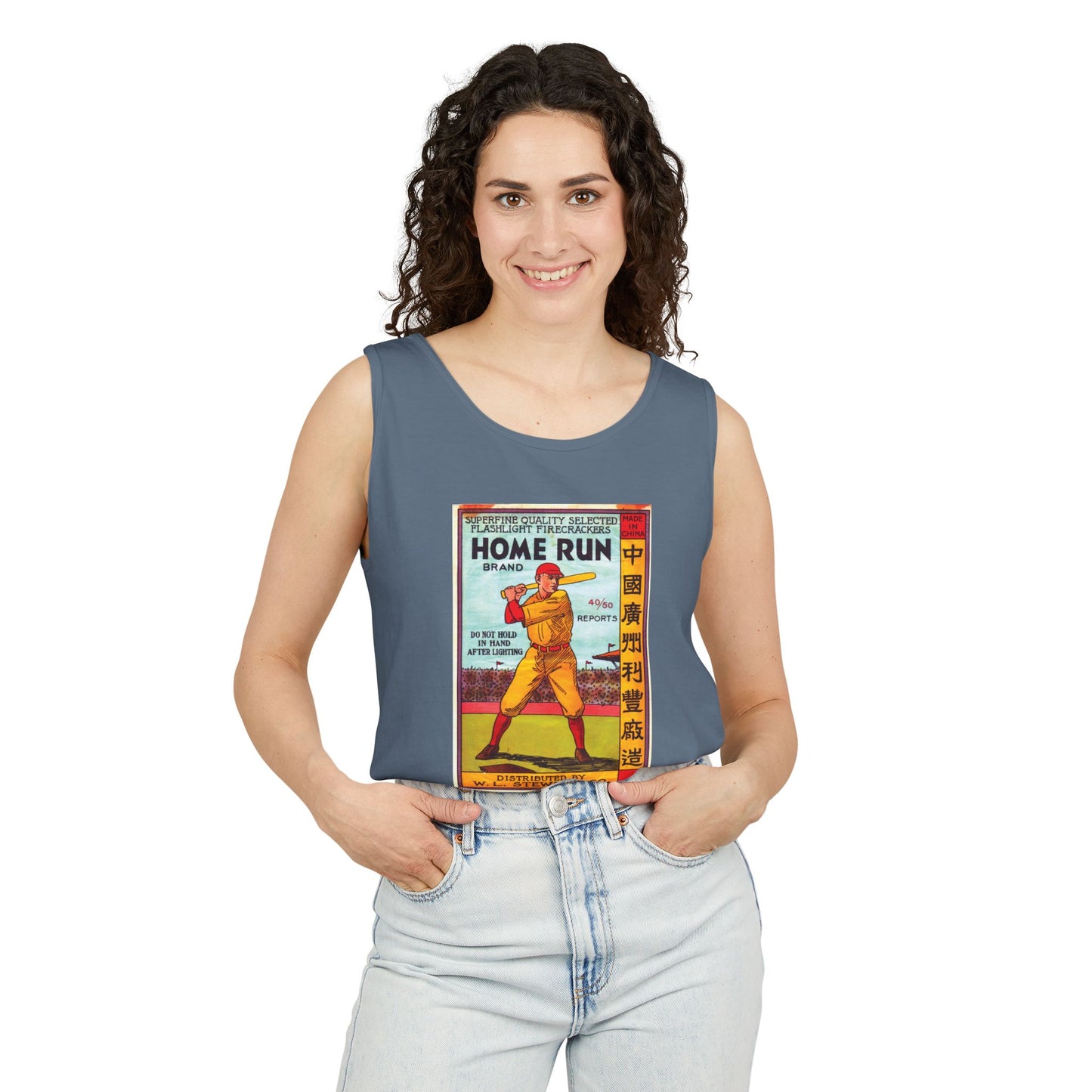 Home Run Firecrackers tank top detail — mid-century fireworks packaging art — The Faded Label Co.