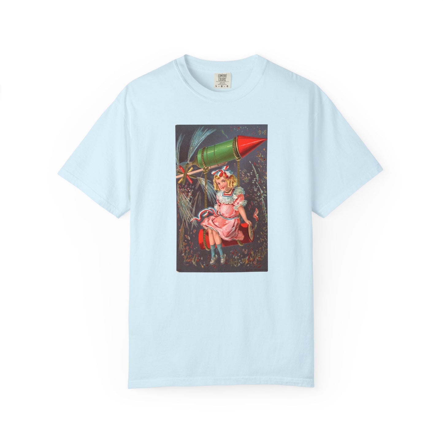 1907 Rocket Girl t-shirt true navy — vintage 4th of July postcard art — The Faded Label Co.