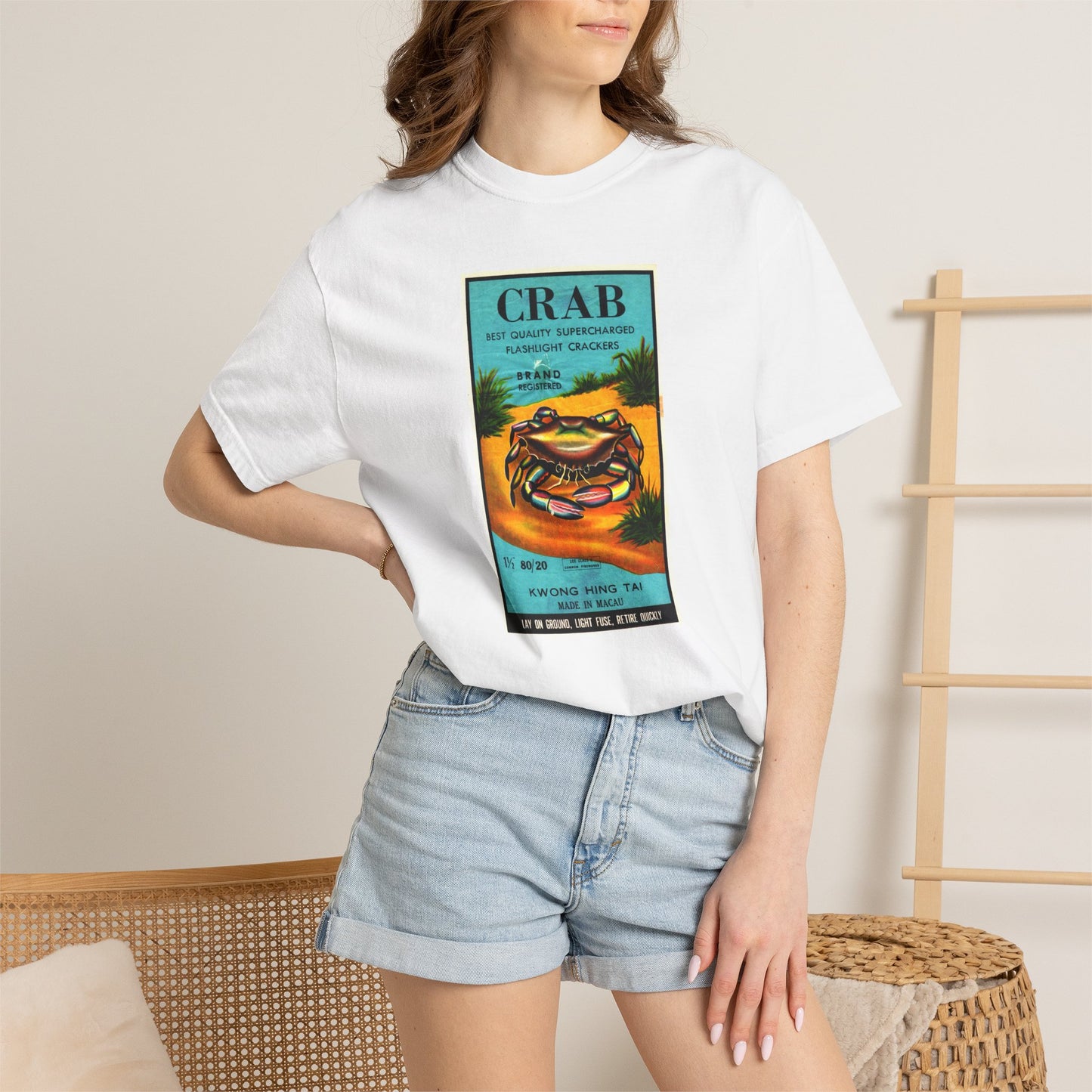 Crab Brand Firecrackers t-shirt folded — Comfort Colors garment-dyed fireworks art tee — The Faded Label Co.
