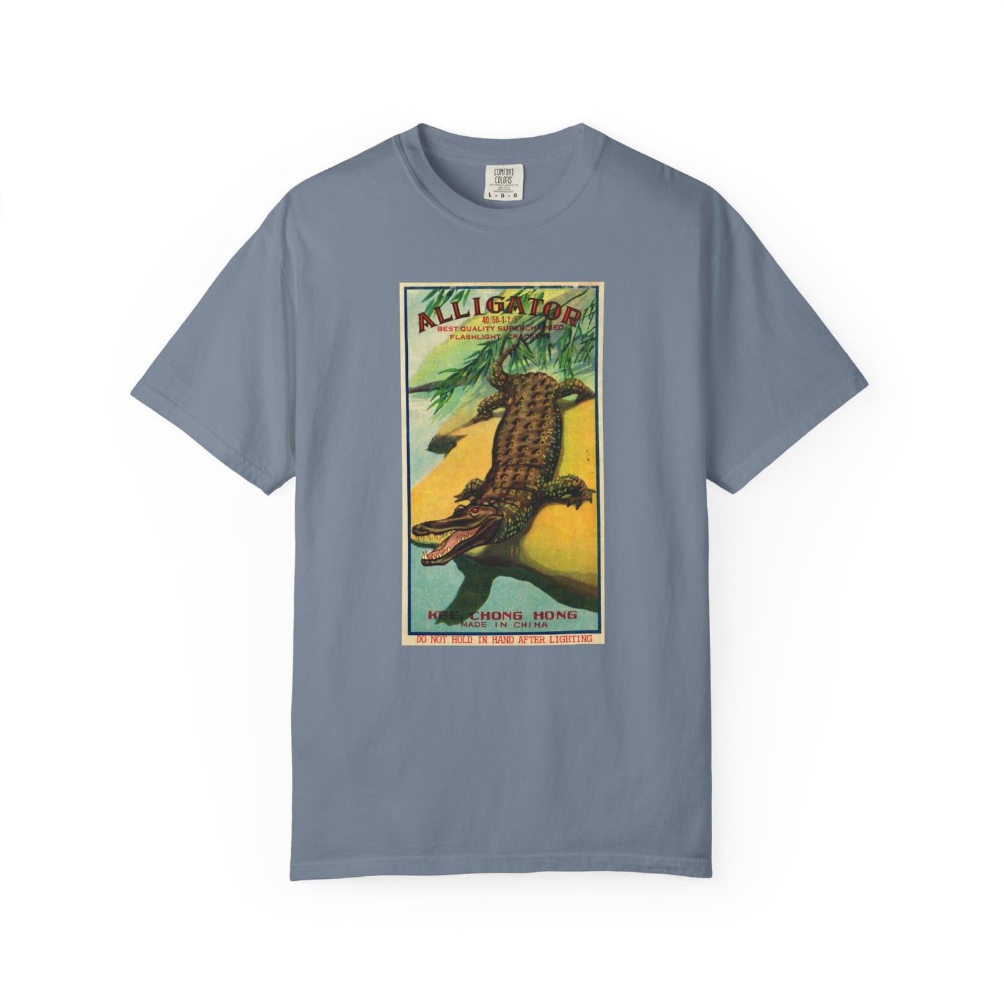 Alligator Brand Firecrackers t-shirt Blue Jean — vintage Independence Day Comfort Colors tee — The Faded Label Co.