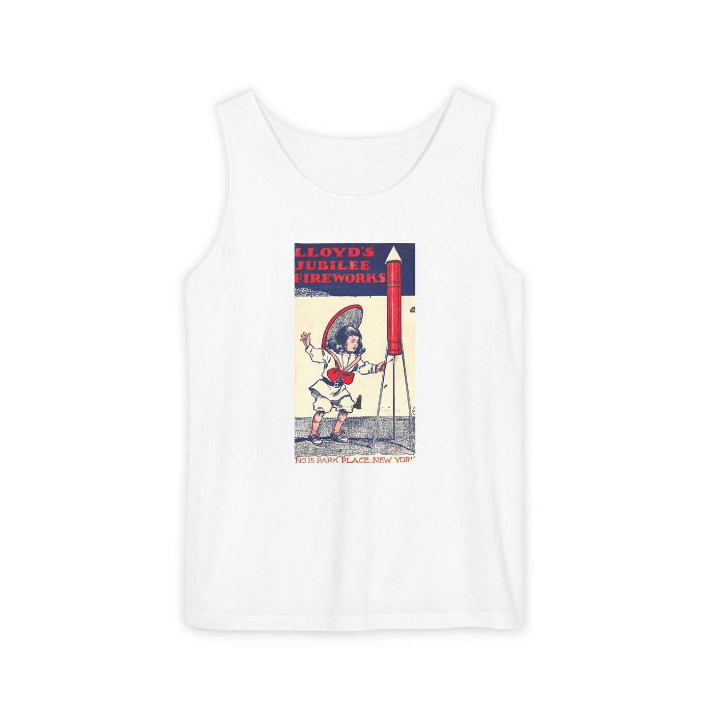 Lloyd's Jubilee Firecrackers unisex tank top — vintage 4th of July fireworks art — The Faded Label Co.
