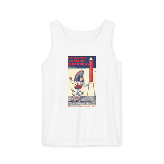 Lloyd's Jubilee Firecrackers unisex tank top — vintage 4th of July fireworks art — The Faded Label Co.