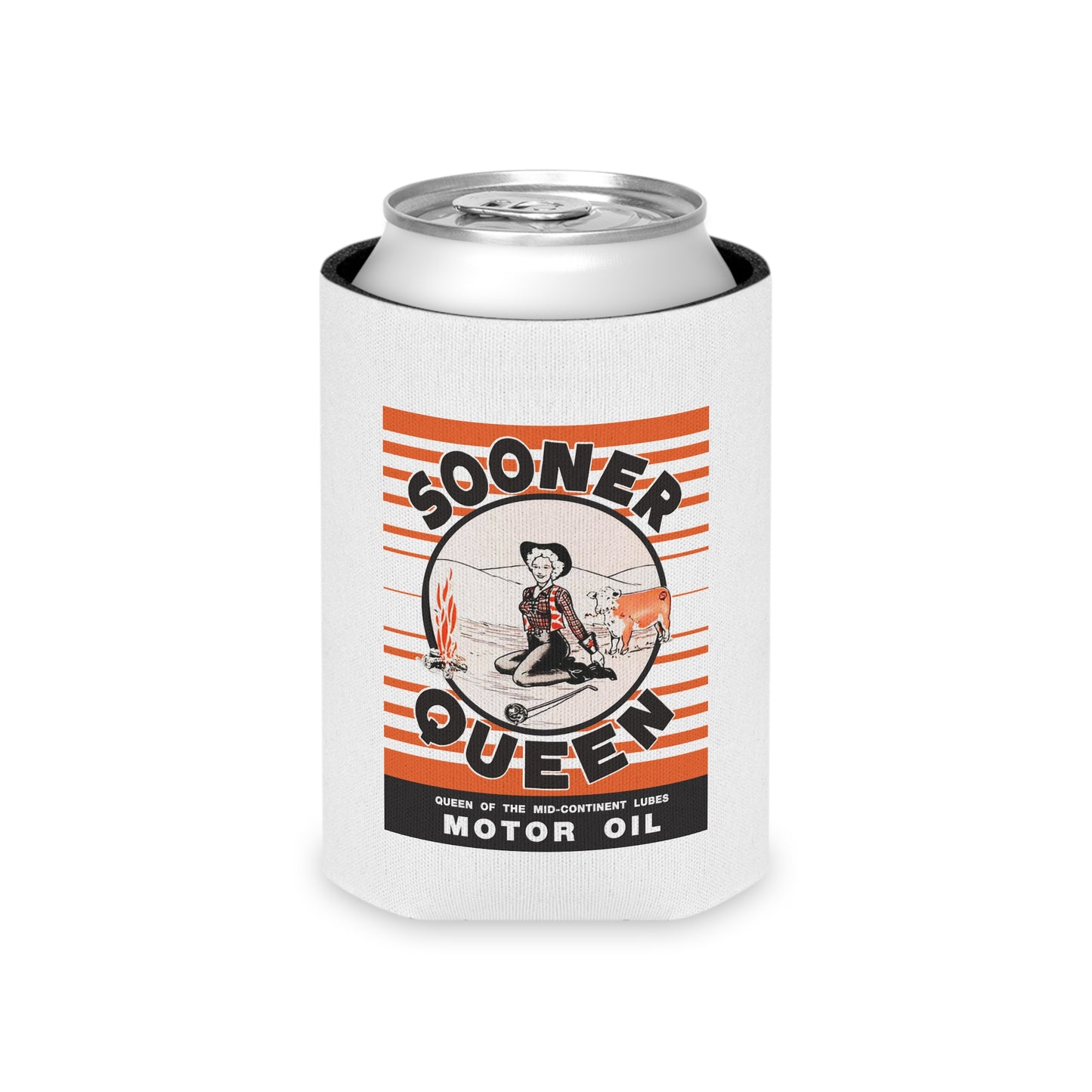 Sooner Queen Motor Oil can cooler lifestyle — vintage Oklahoma petroliana gift — The Faded Label Co.