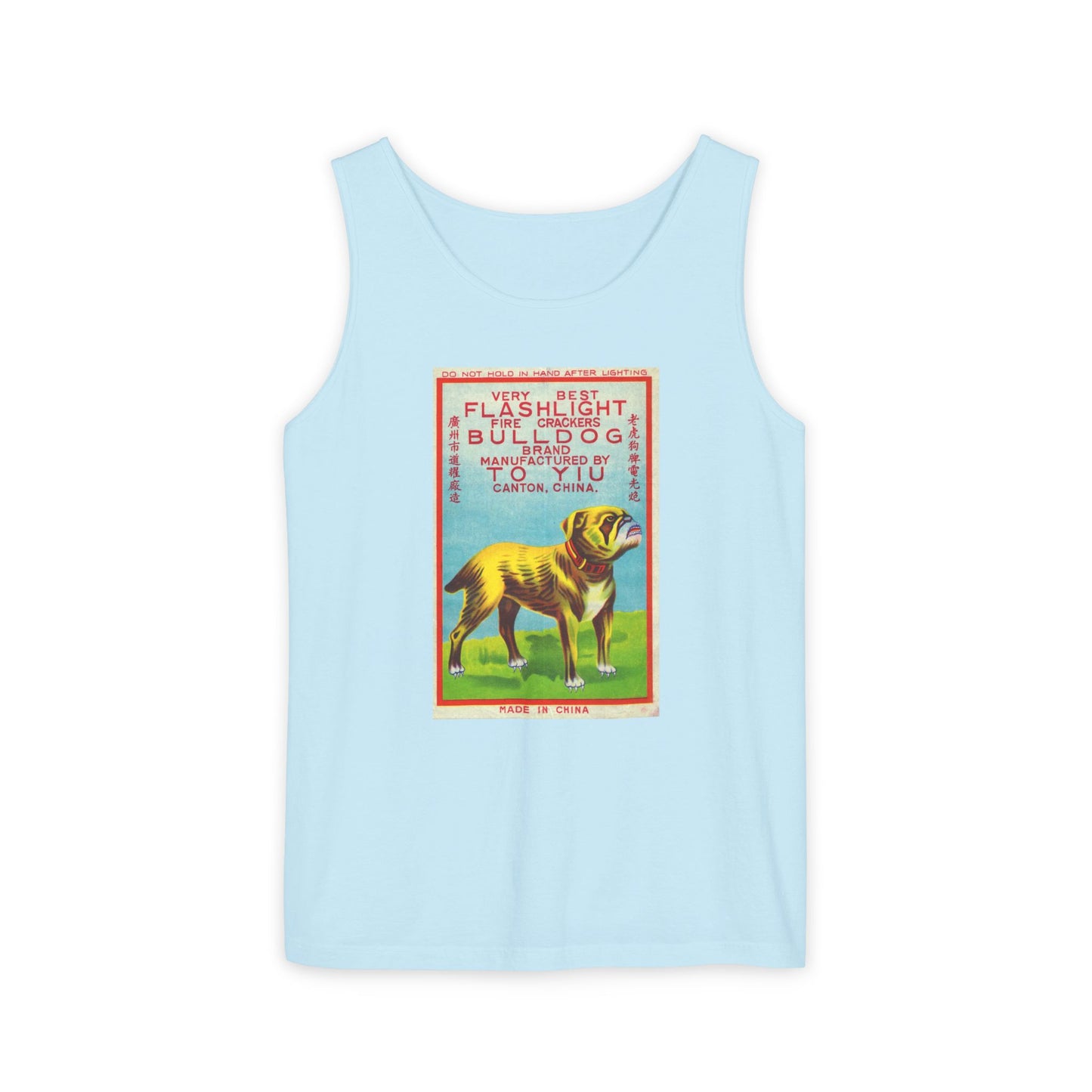 Bulldog Firecrackers tank top crimson — vintage firecracker label graphic — The Faded Label Co.