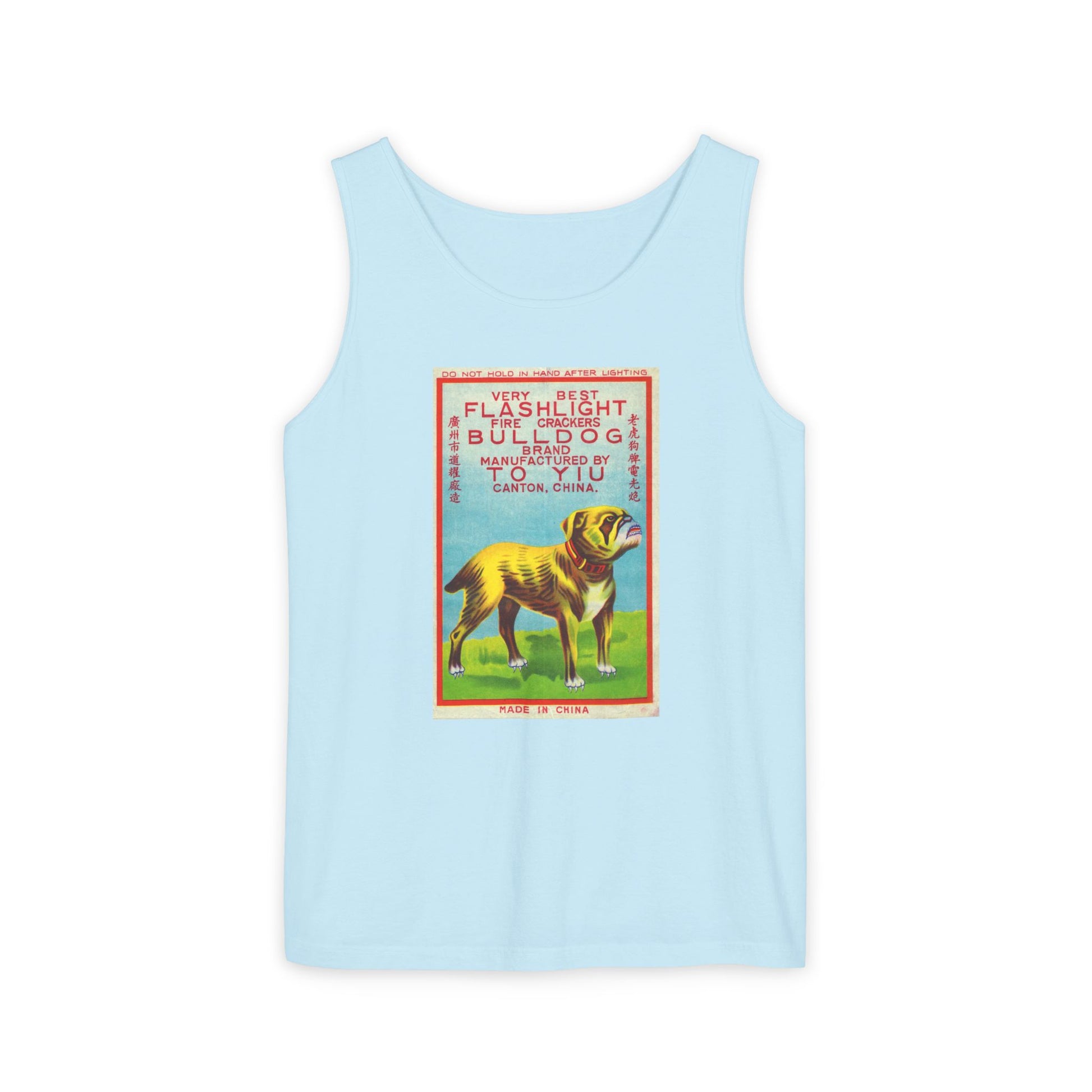 Bulldog Firecrackers tank top crimson — vintage firecracker label graphic — The Faded Label Co.