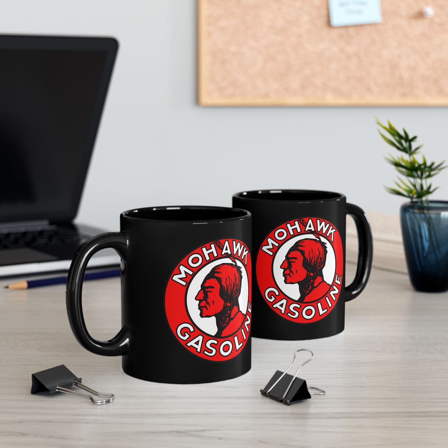 Mohawk Gasoline black coffee mug angle view — bold Native American logo — The Faded Label Co.