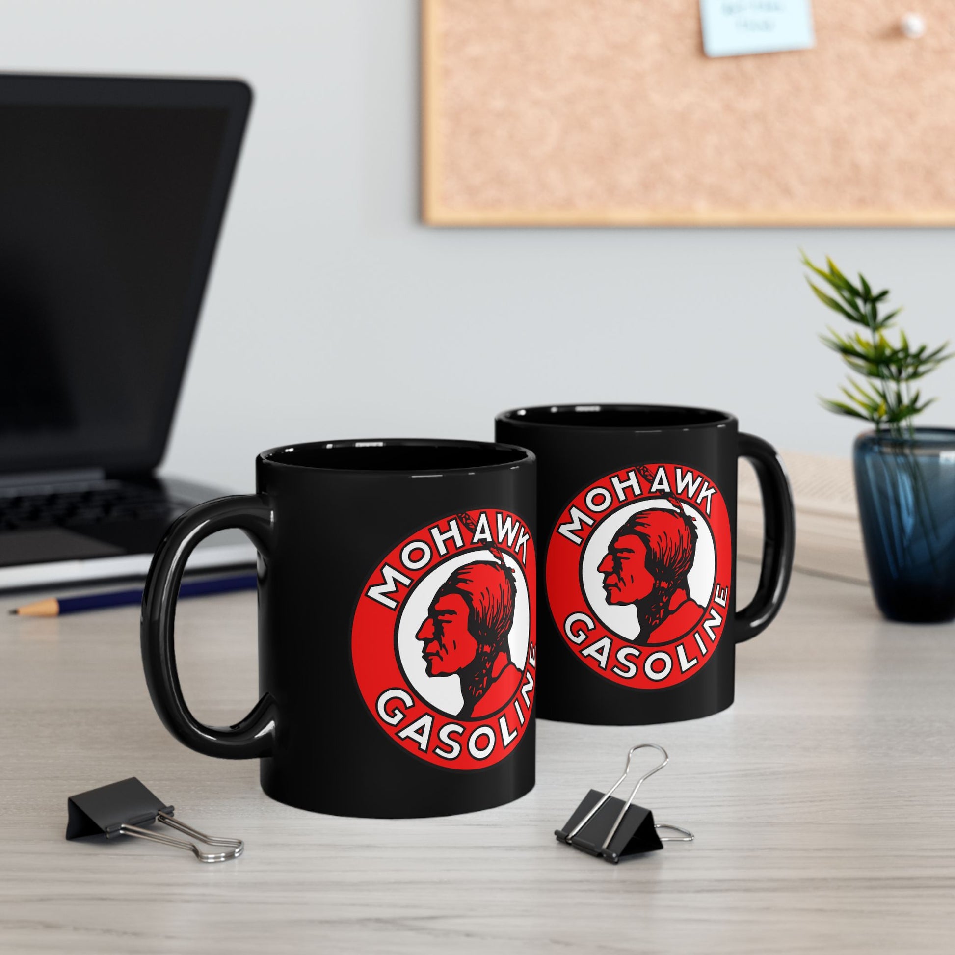 Mohawk Gasoline black coffee mug angle view — bold Native American logo — The Faded Label Co.