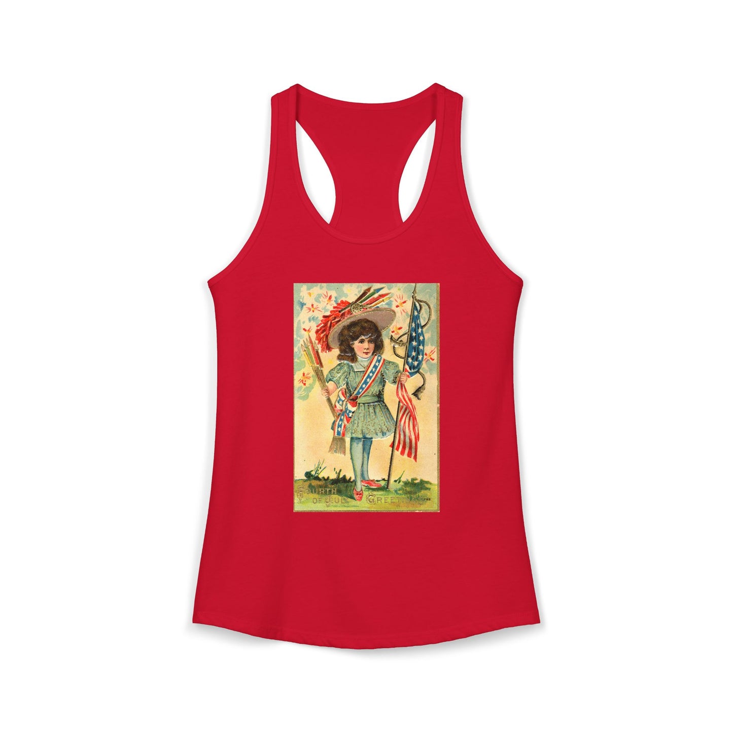 4th of July Patriotic Girl racerback tank warm gray — vintage patriotic postcard art — The Faded Label Co.
