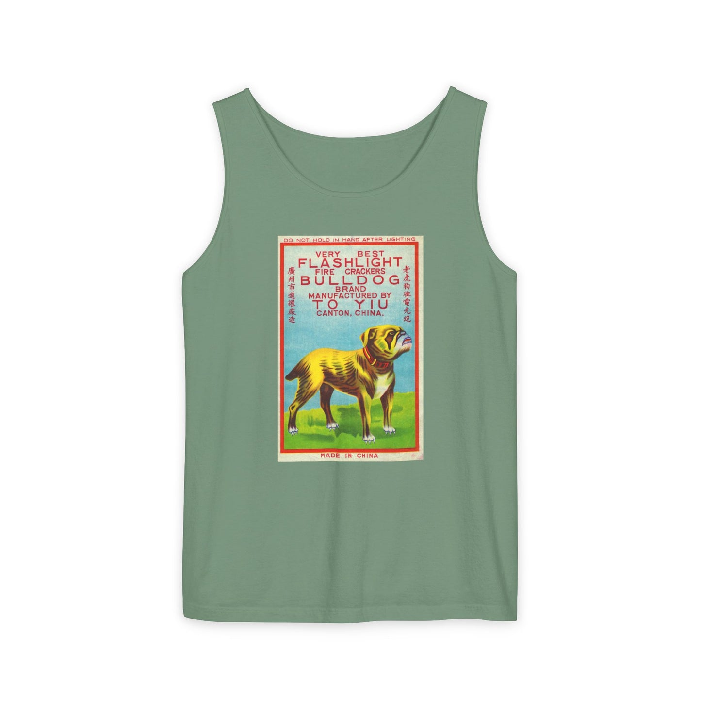 Bulldog Firecrackers tank top chambray — America's 250th anniversary apparel — The Faded Label Co.