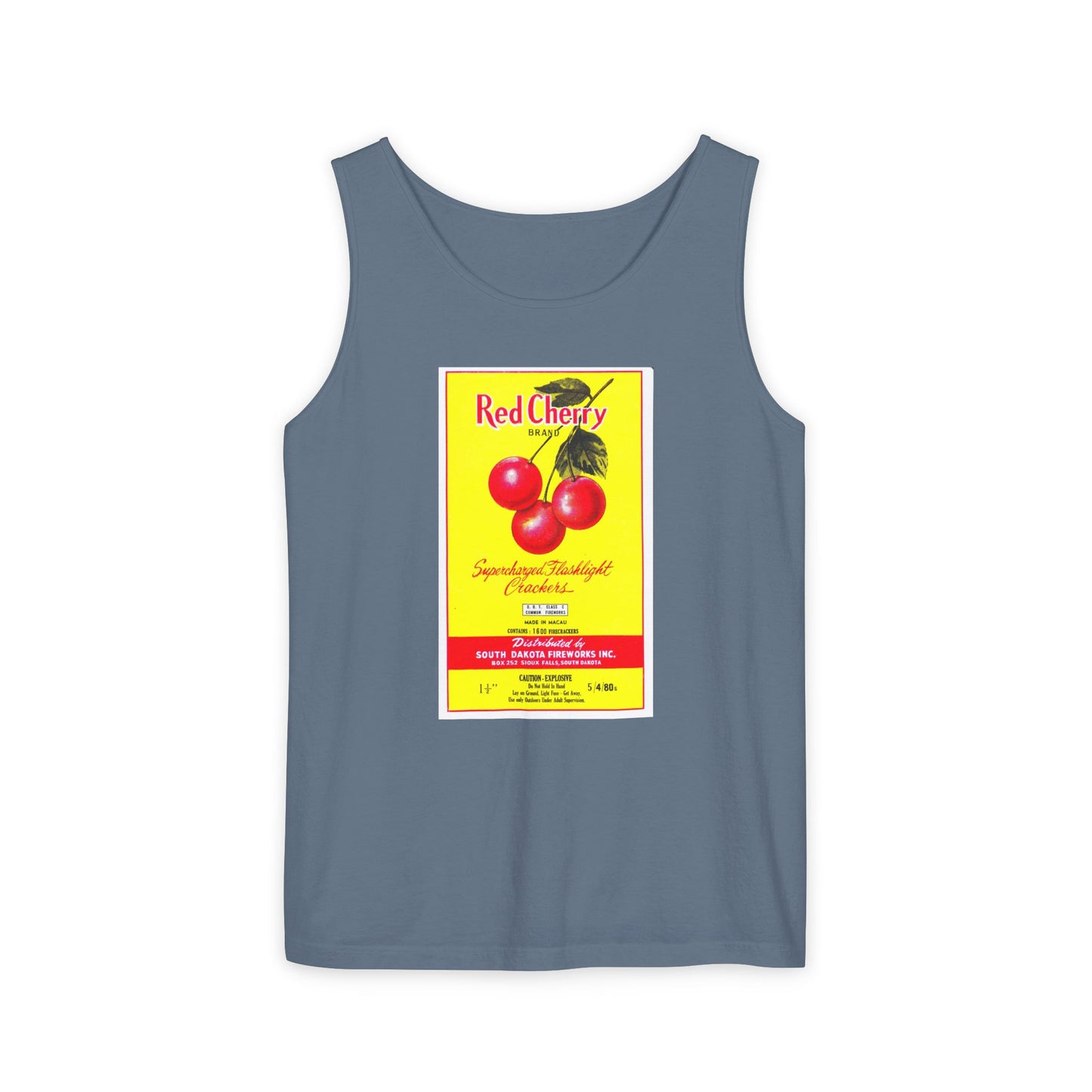 Red Cherry Brand Firecrackers tank top detail — mid-century fireworks packaging art — The Faded Label Co.