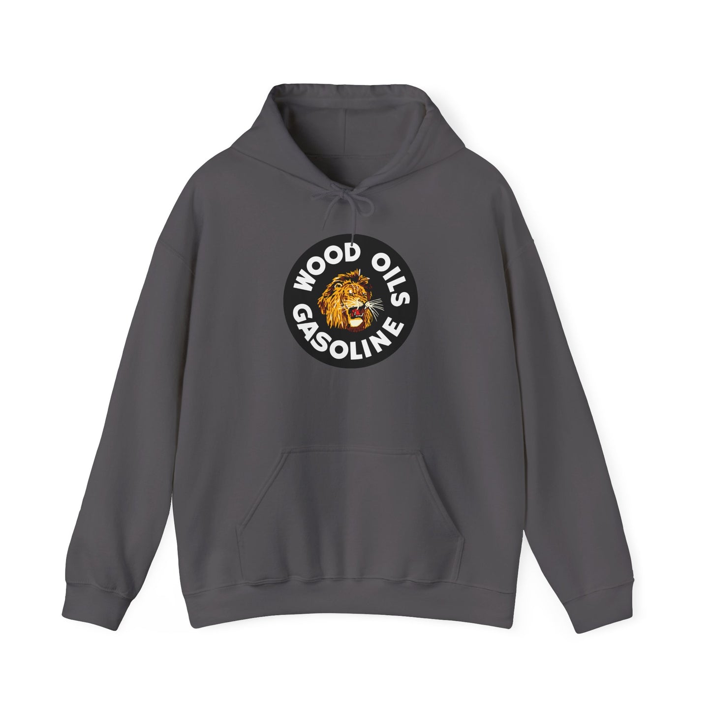 Lion Emblem Gasoline Hoodie — 'Wood Oils Gasoline' Retro Logo Sweatshirt