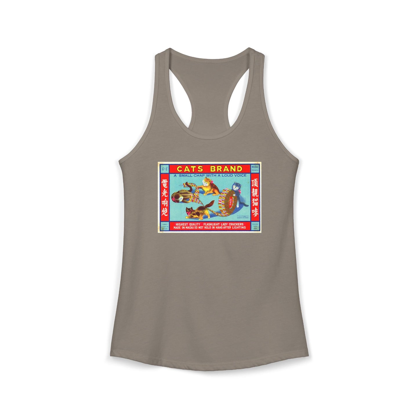 Cat Brand Firecrackers racerback tank warm gray — 4th of July women's summer tank — The Faded Label Co.