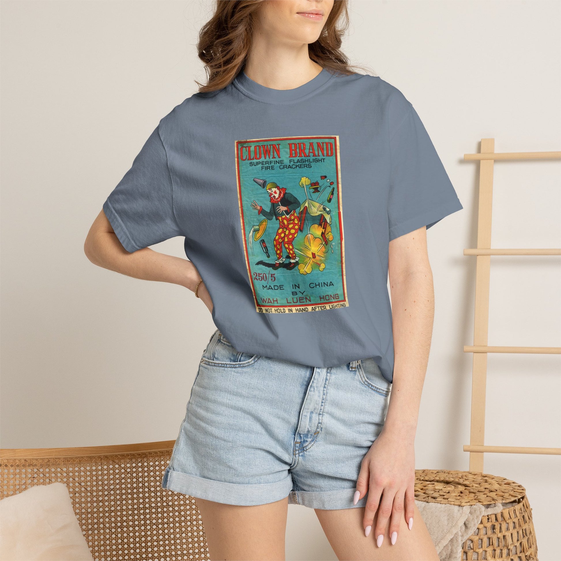 Clown Brand Firecrackers t-shirt design detail — clown explosion vintage label close-up — The Faded Label Co.