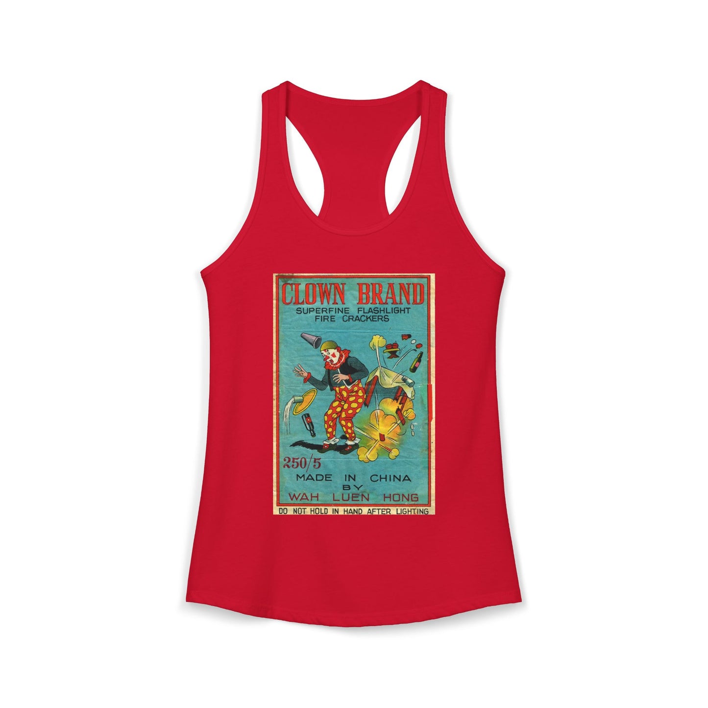 Clown Brand Firecrackers racerback tank white — mid-century fireworks packaging art — The Faded Label Co.