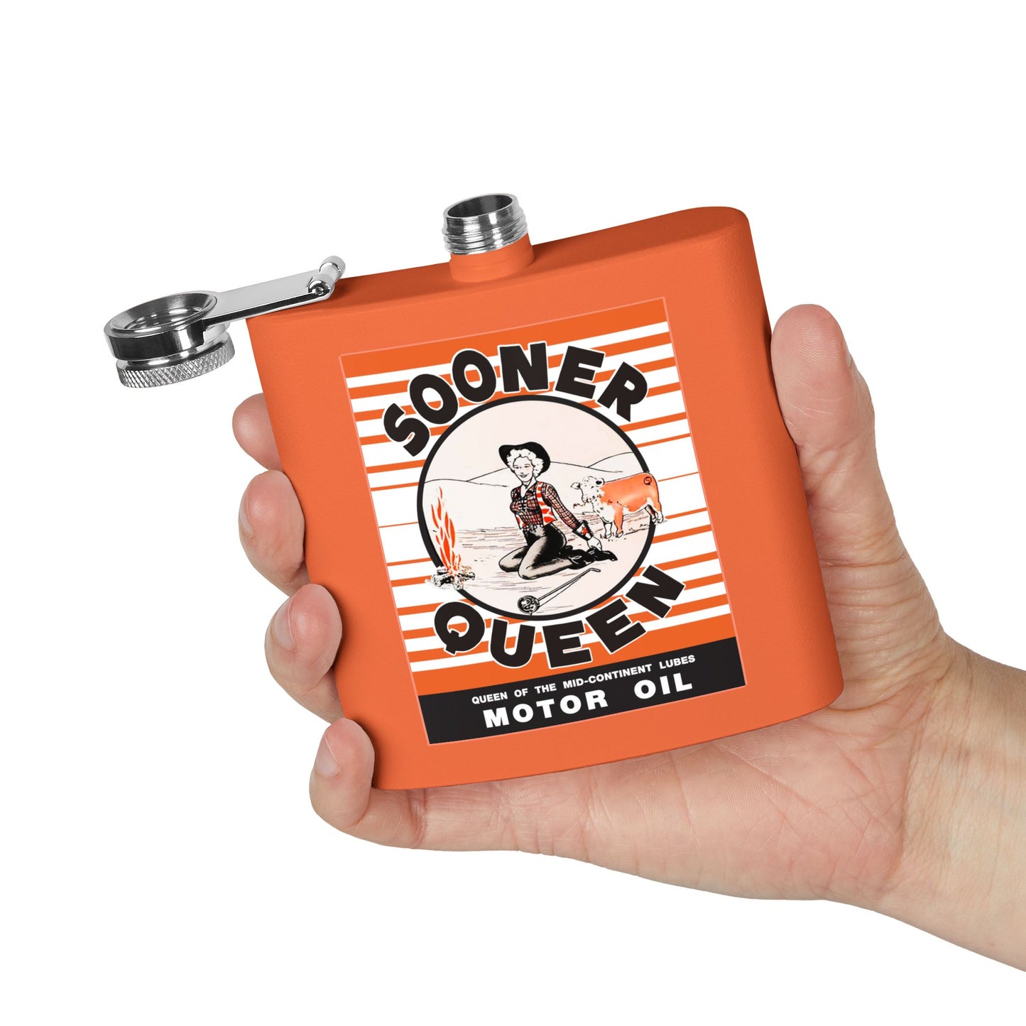 Sooner Queen Motor Oil Flask — Vintage Oklahoma Petroliana Art | The Faded Label Co.