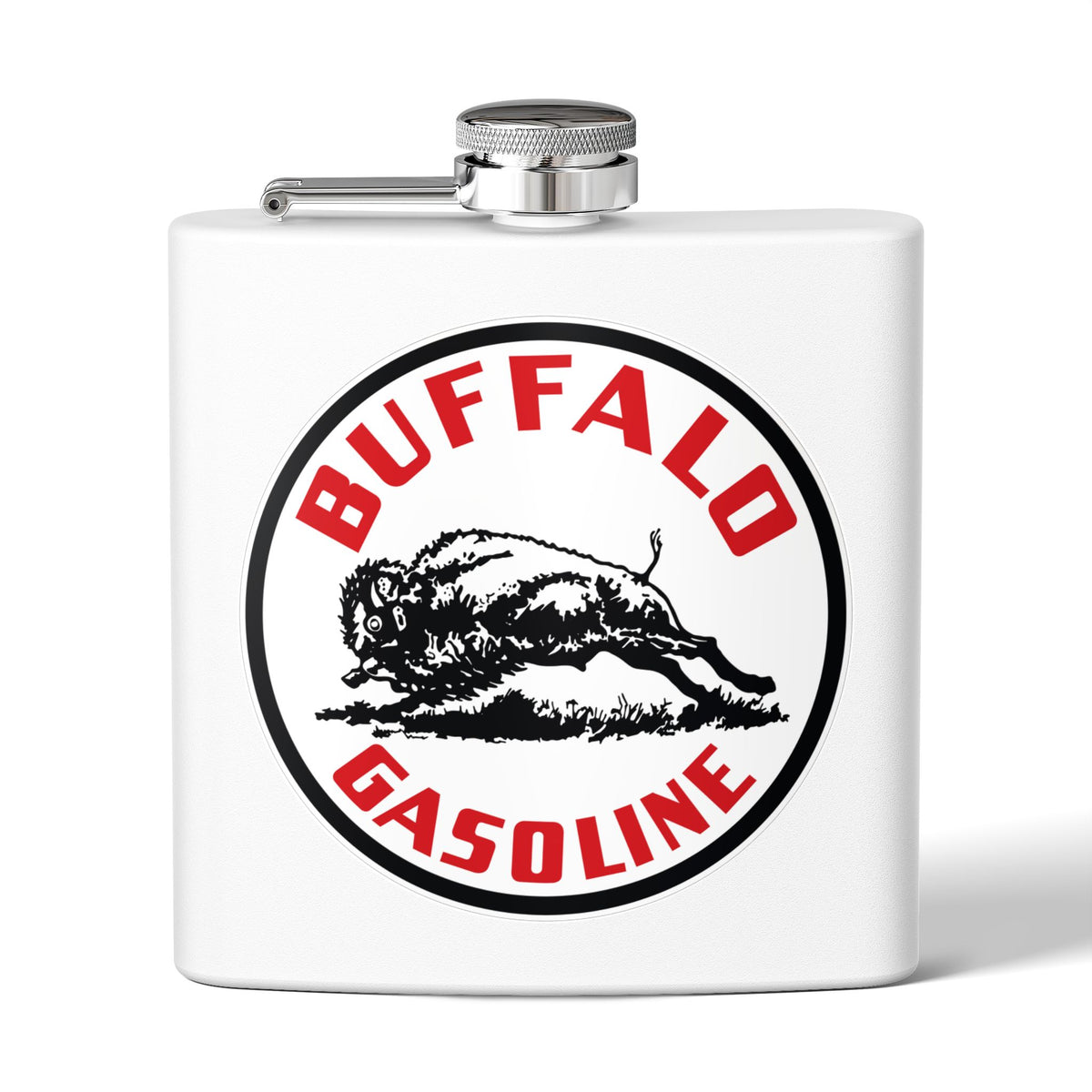 Buffalo Gasoline flask navy — vintage petroliana gift — The Faded Label Co.