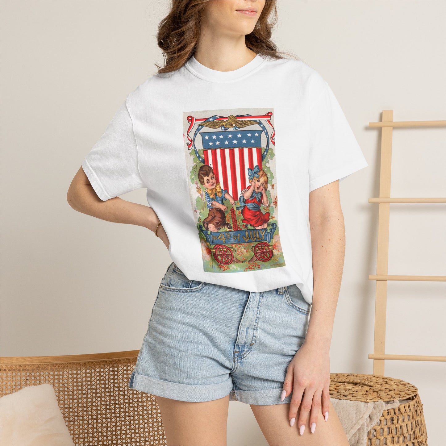 1908 Fourth of July Wagon t-shirt lifestyle front — P. Sander 1908 cannon wagon chromolithograph — The Faded Label Co.