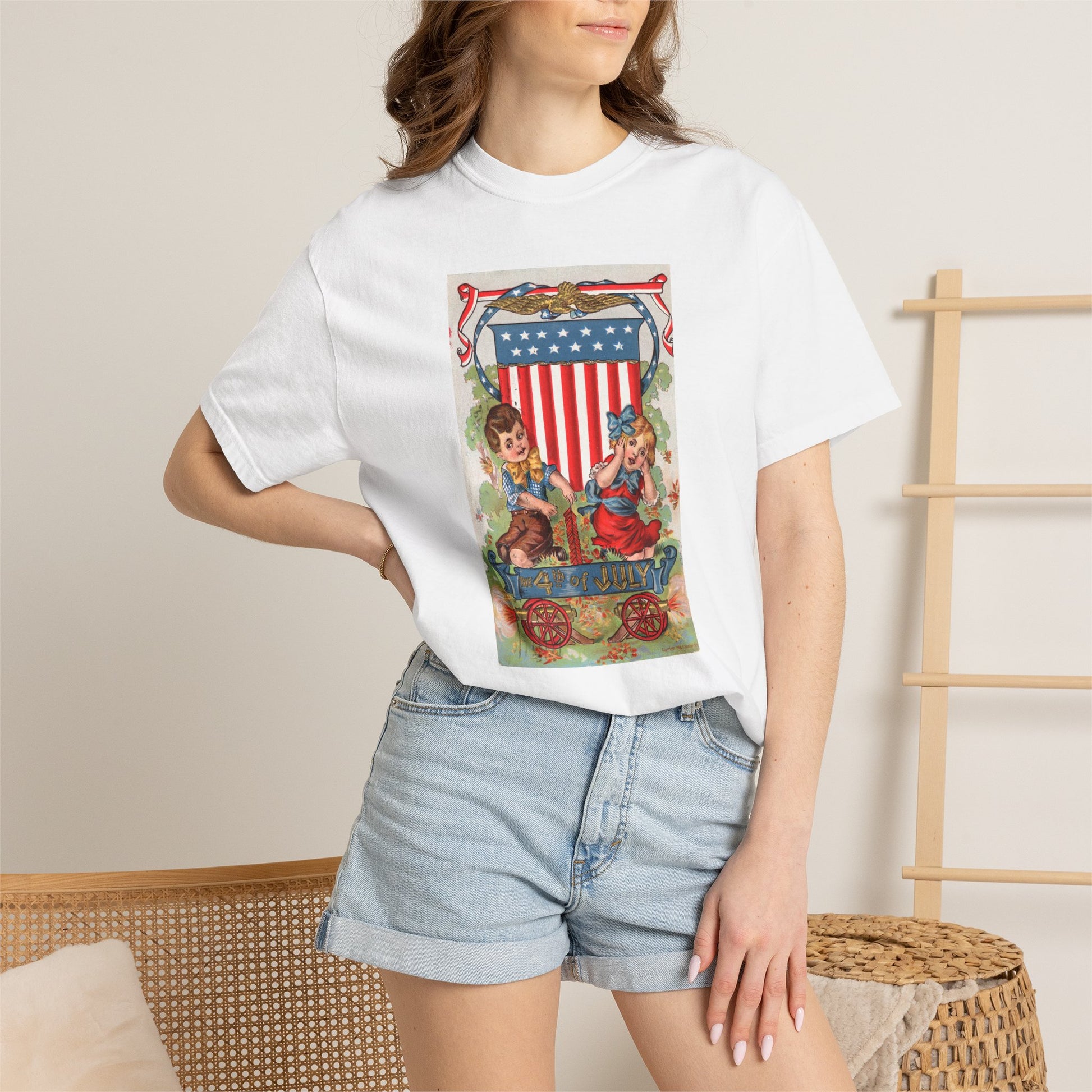 1908 Fourth of July Wagon t-shirt lifestyle front — P. Sander 1908 cannon wagon chromolithograph — The Faded Label Co.
