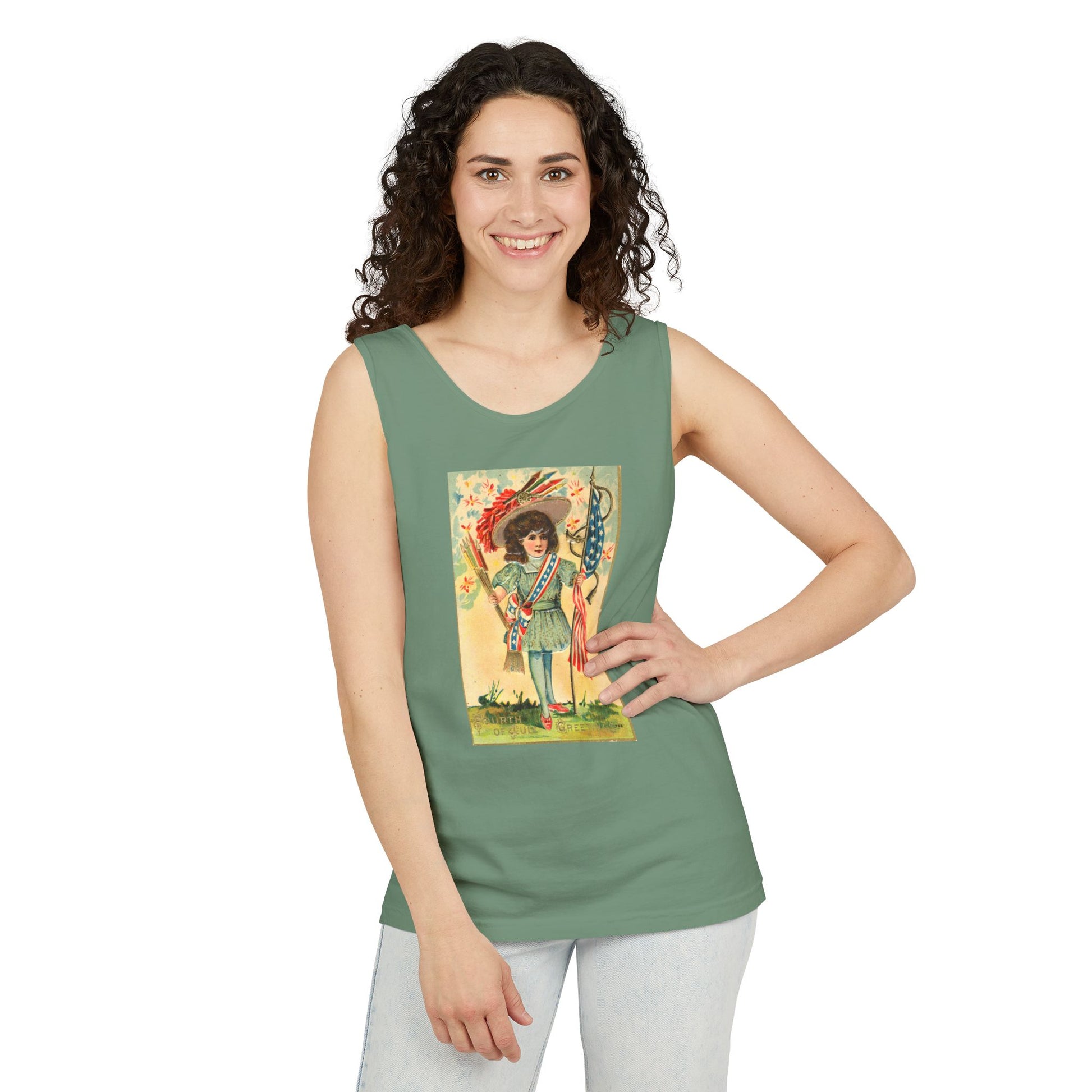 4th of July Patriotic Girl tank top flat lay ivory — Comfort Colors 9360 unisex tank — The Faded Label Co.