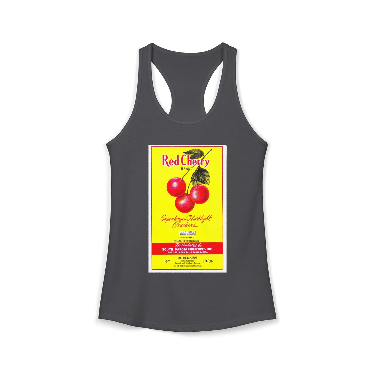 Red Cherry Brand Firecrackers racerback tank white — mid-century fireworks packaging art — The Faded Label Co.