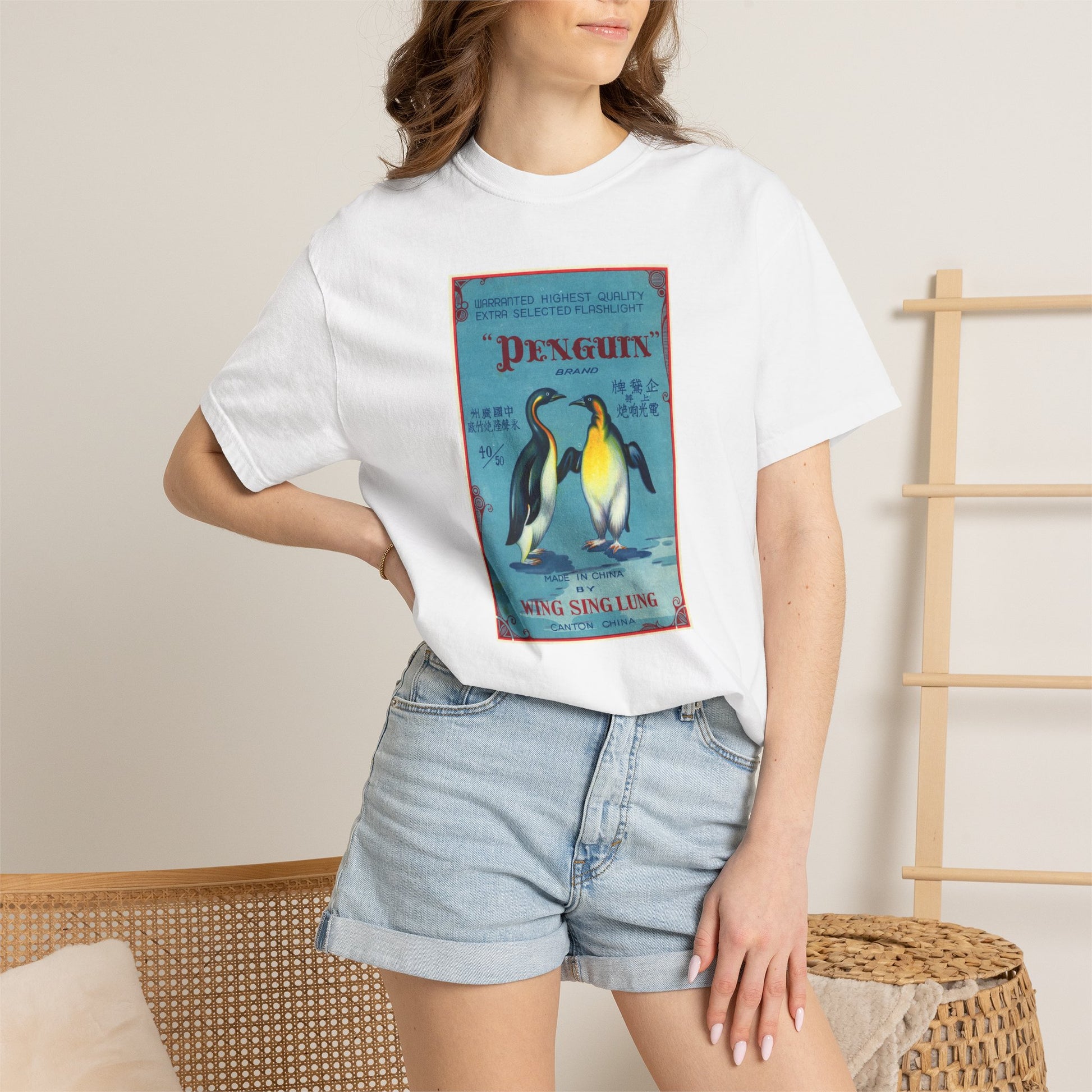 Penguin Brand Firecrackers t-shirt folded — Comfort Colors garment-dyed fireworks art tee — The Faded Label Co.