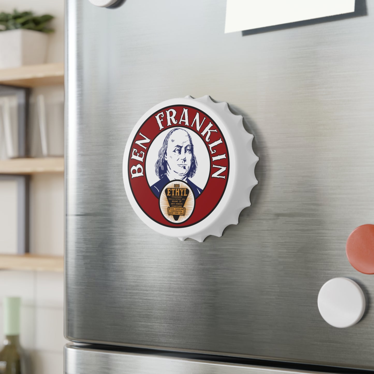 Ben Franklin Gasoline opener on fridge — vintage Oklahoma oil history — The Faded Label Co.