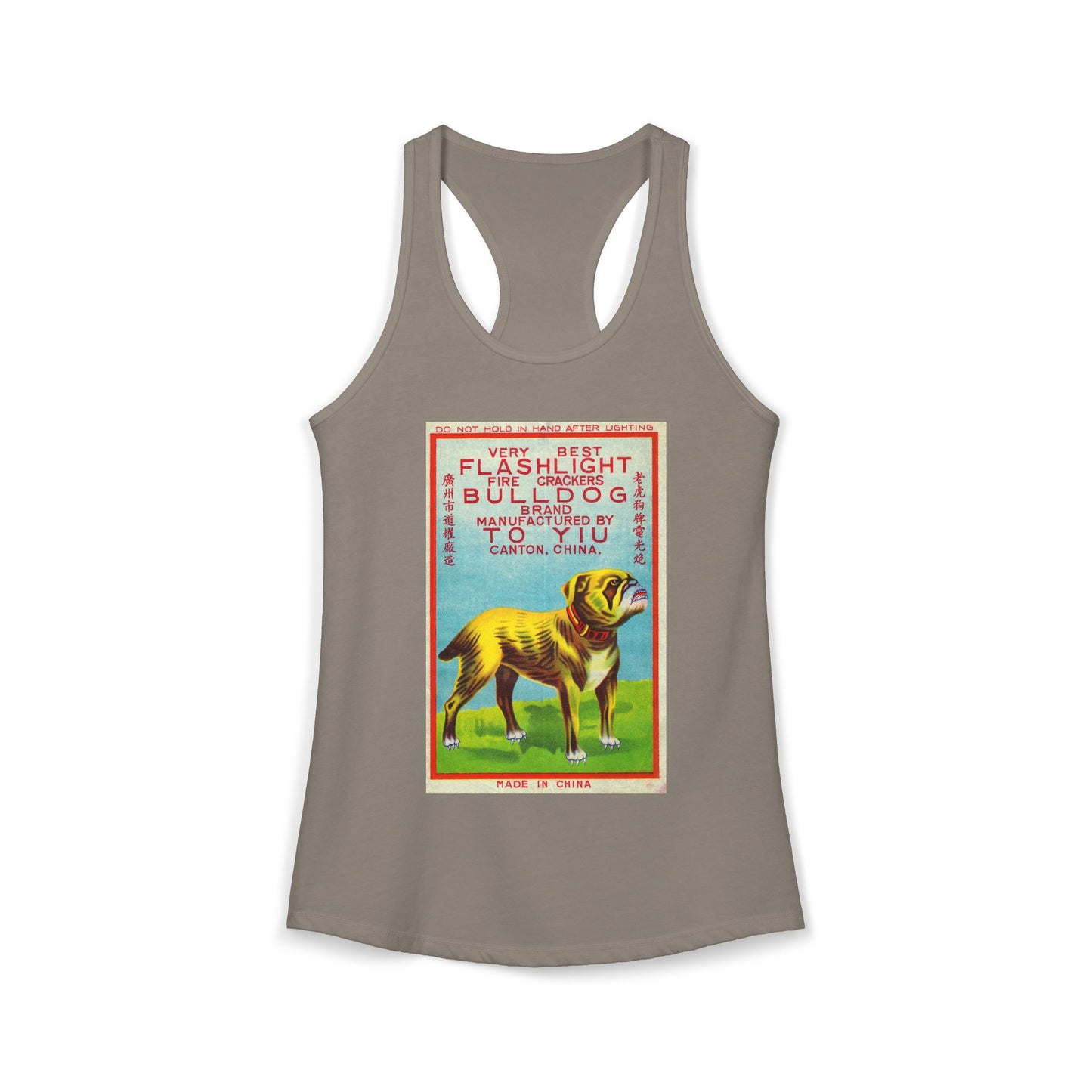 Bulldog Firecrackers racerback tank warm gray — 4th of July women's summer tank — The Faded Label Co.