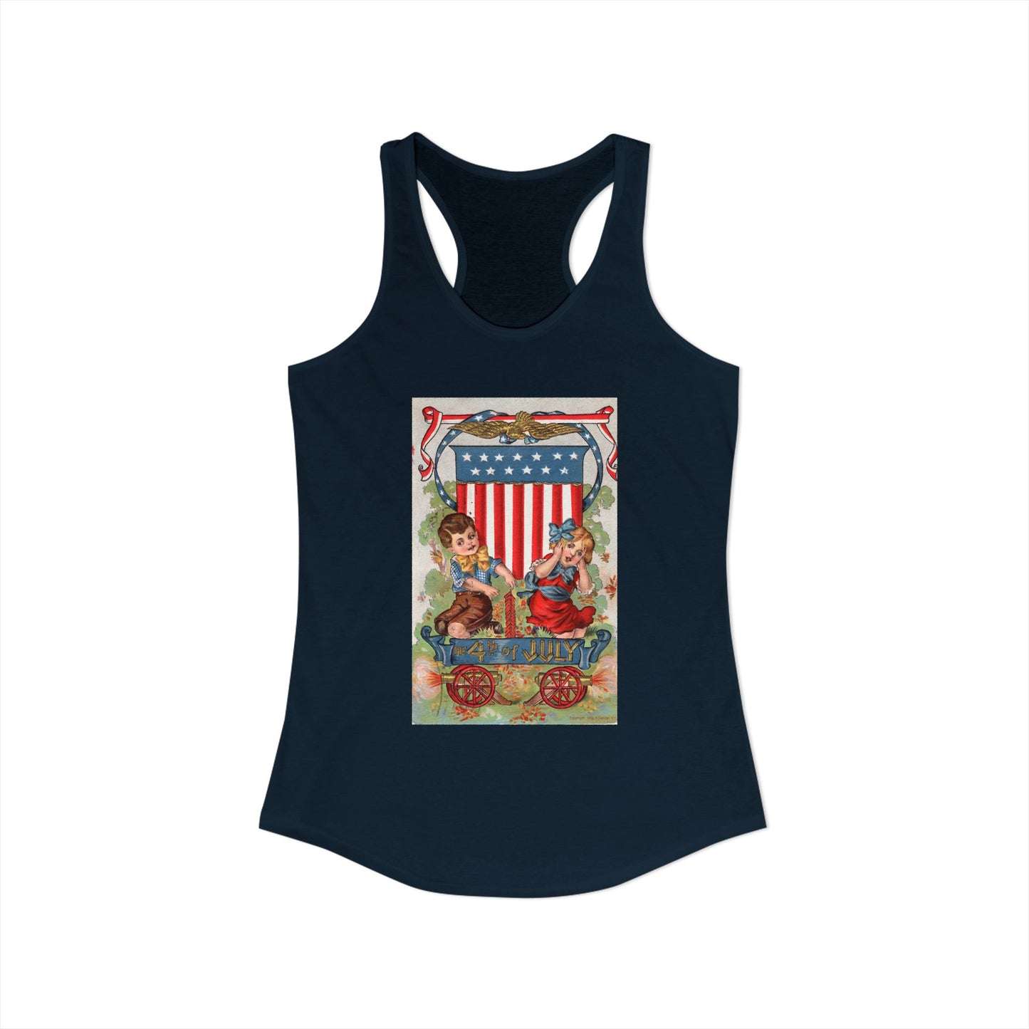 1908 Fourth of July Wagon racerback tank warm gray — vintage patriotic postcard art — The Faded Label Co.