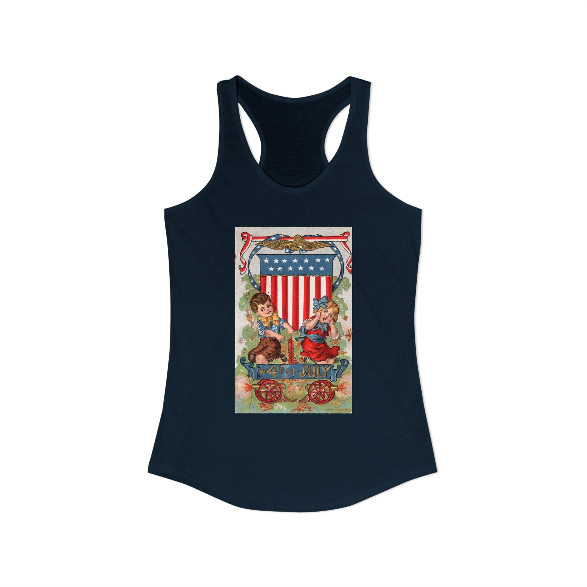 1908 Fourth of July Wagon racerback tank warm gray — vintage patriotic postcard art — The Faded Label Co.