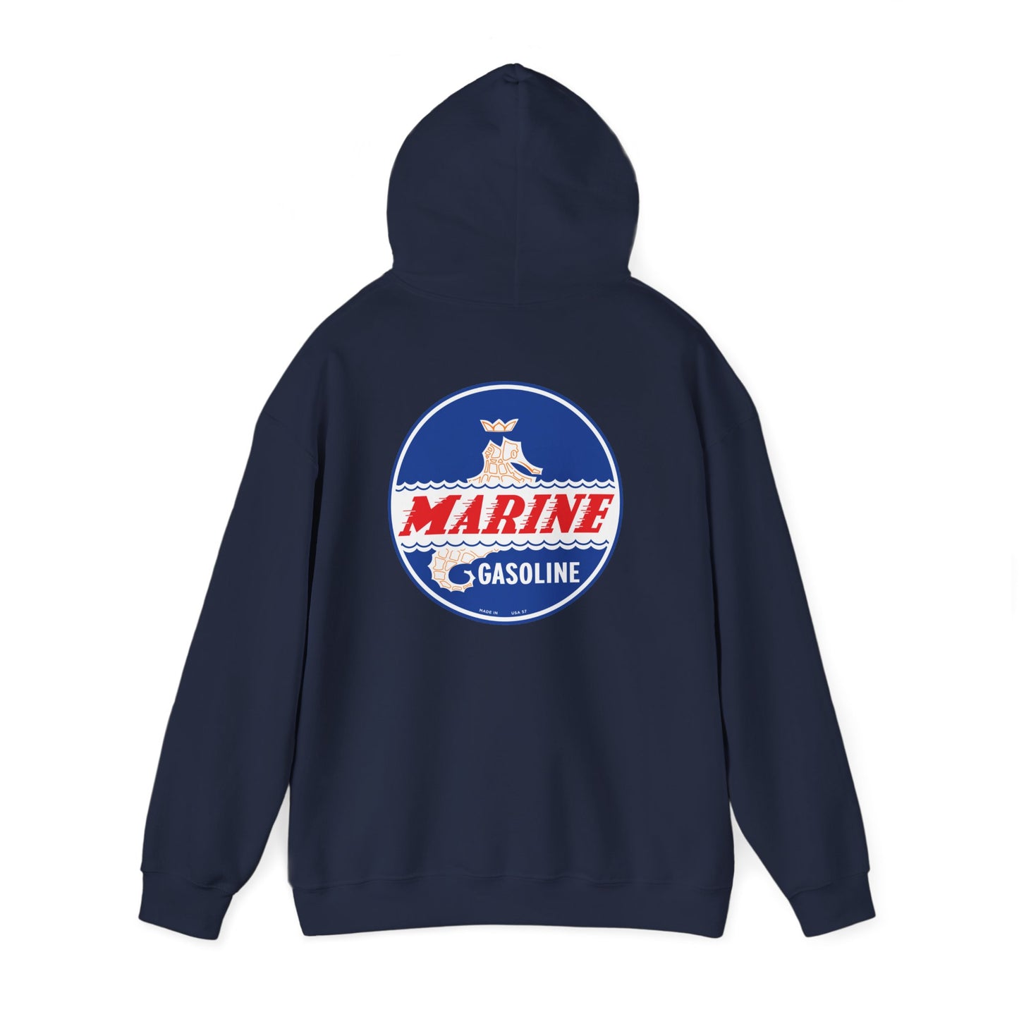 Marine Gasoline Logo Hoodie — Retro Nautical Engine Club Sweatshirt