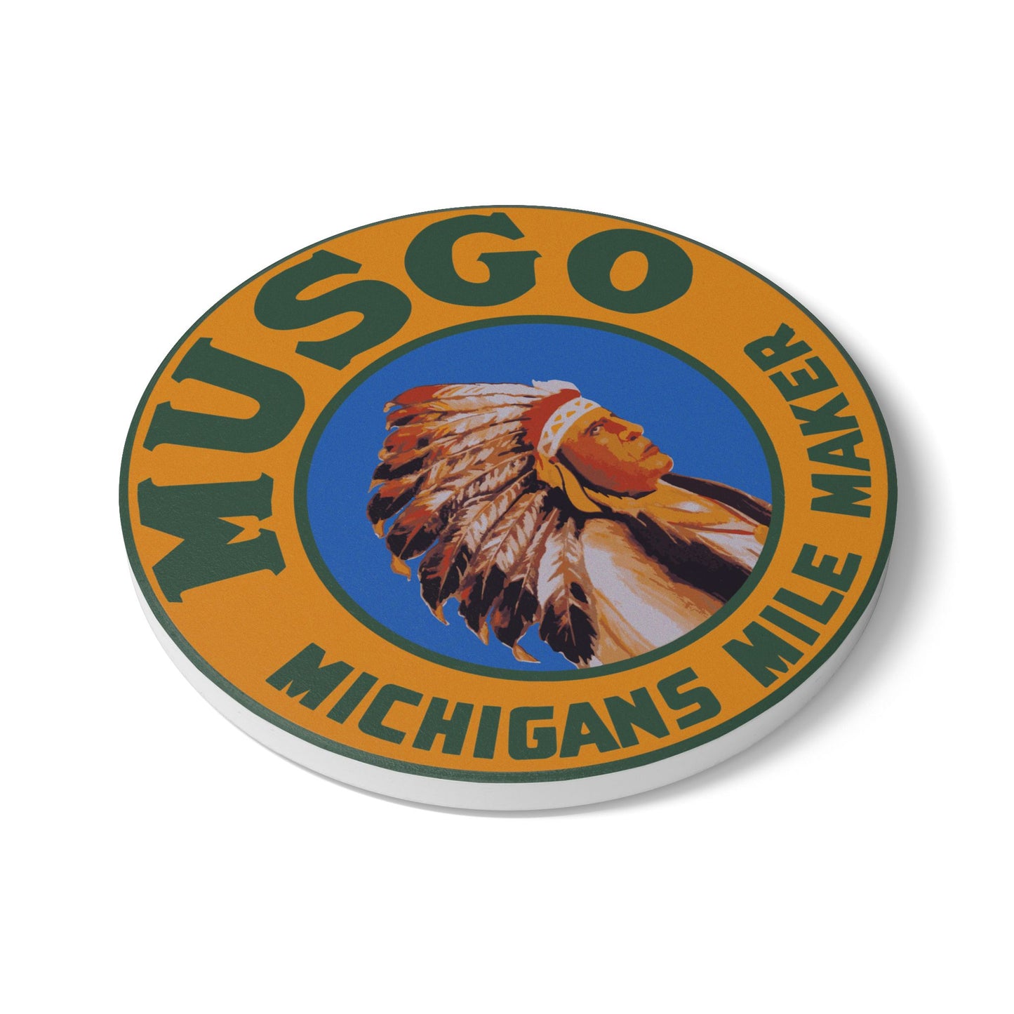 Musgo ceramic coaster lifestyle — vintage Michigan petroliana decor — The Faded Label Co.