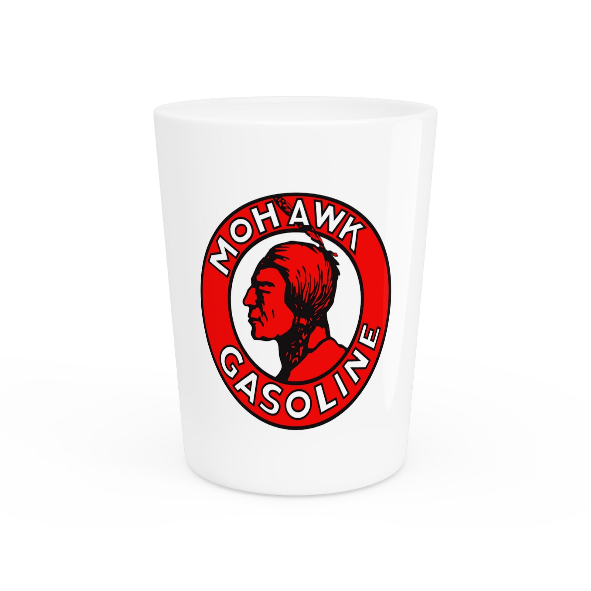 Mohawk Gasoline shot glass — vintage petroliana barware — The Faded Label Co.