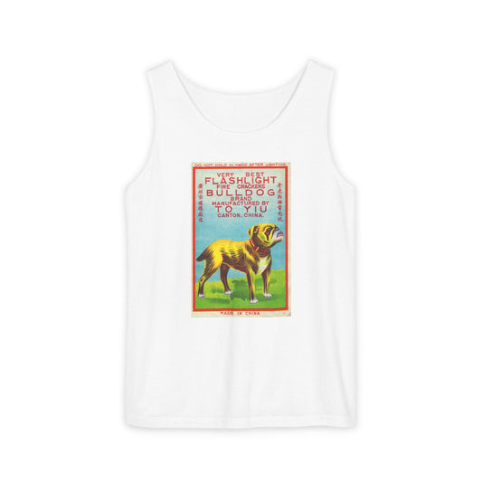 Bulldog Firecrackers unisex tank top — vintage 4th of July fireworks art — The Faded Label Co.