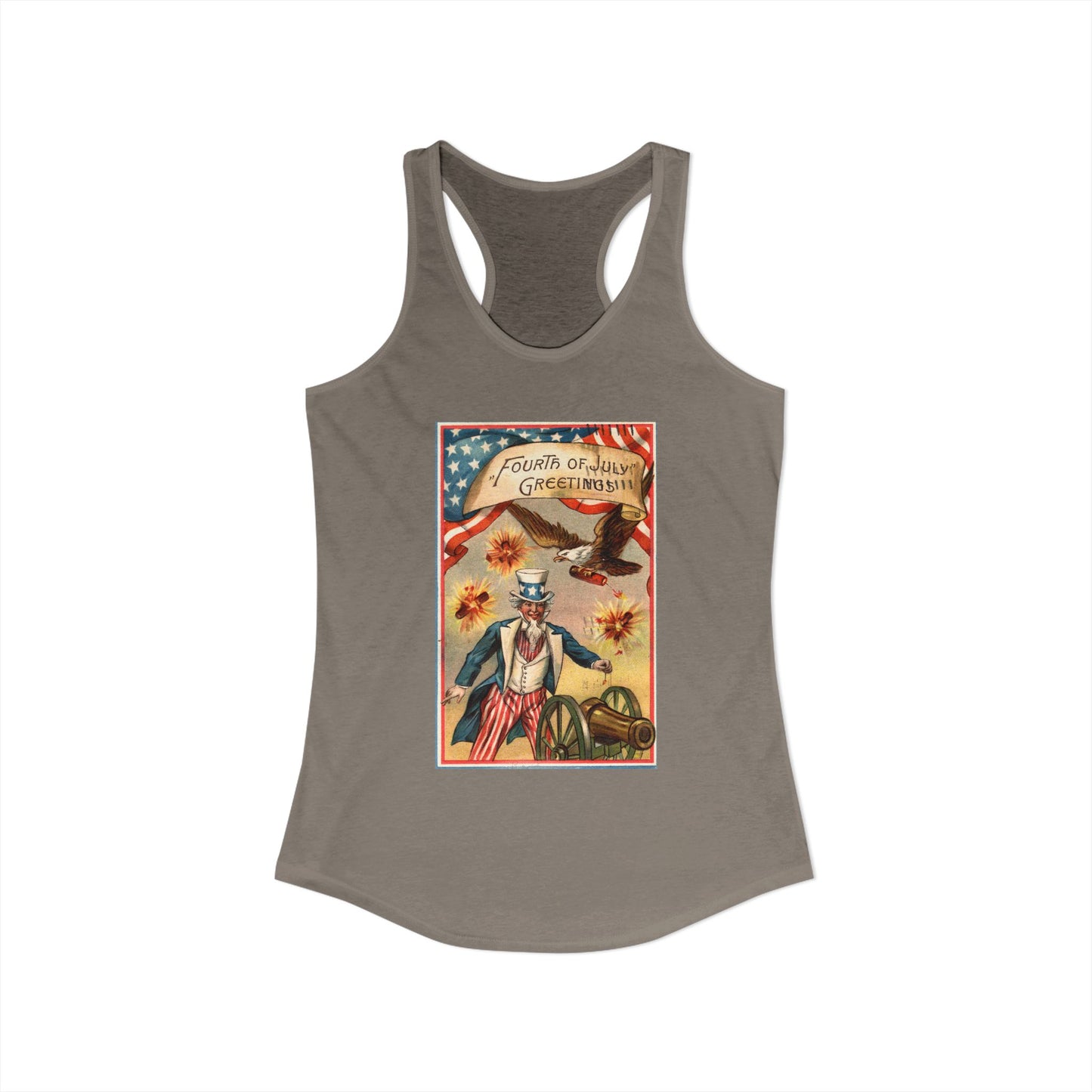 Fourth of July Greetings Uncle Sam racerback tank red — vintage patriotic postcard art — The Faded Label Co.