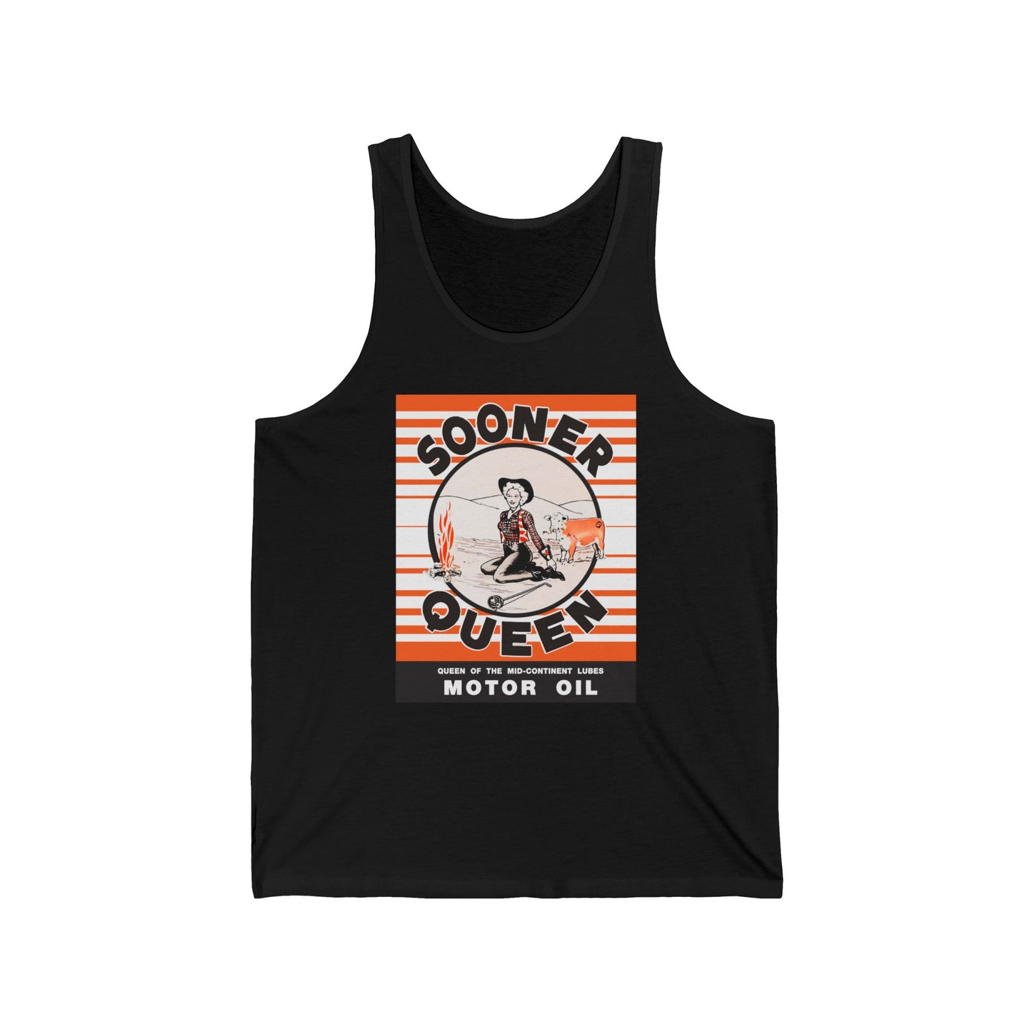 Sooner Queen Motor Oil surf tank black — vintage cowgirl oil can unisex tank — The Faded Label Co.
