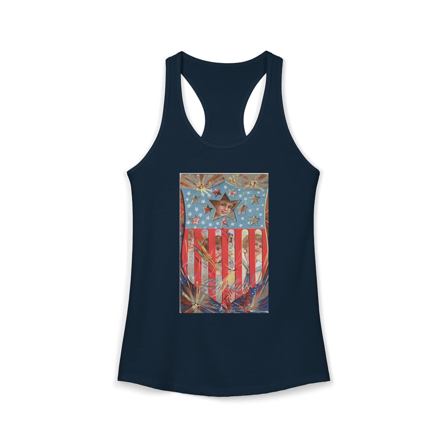 4th of July Shield Girls racerback tank warm gray — vintage embossed patriotic postcard art — The Faded Label Co.