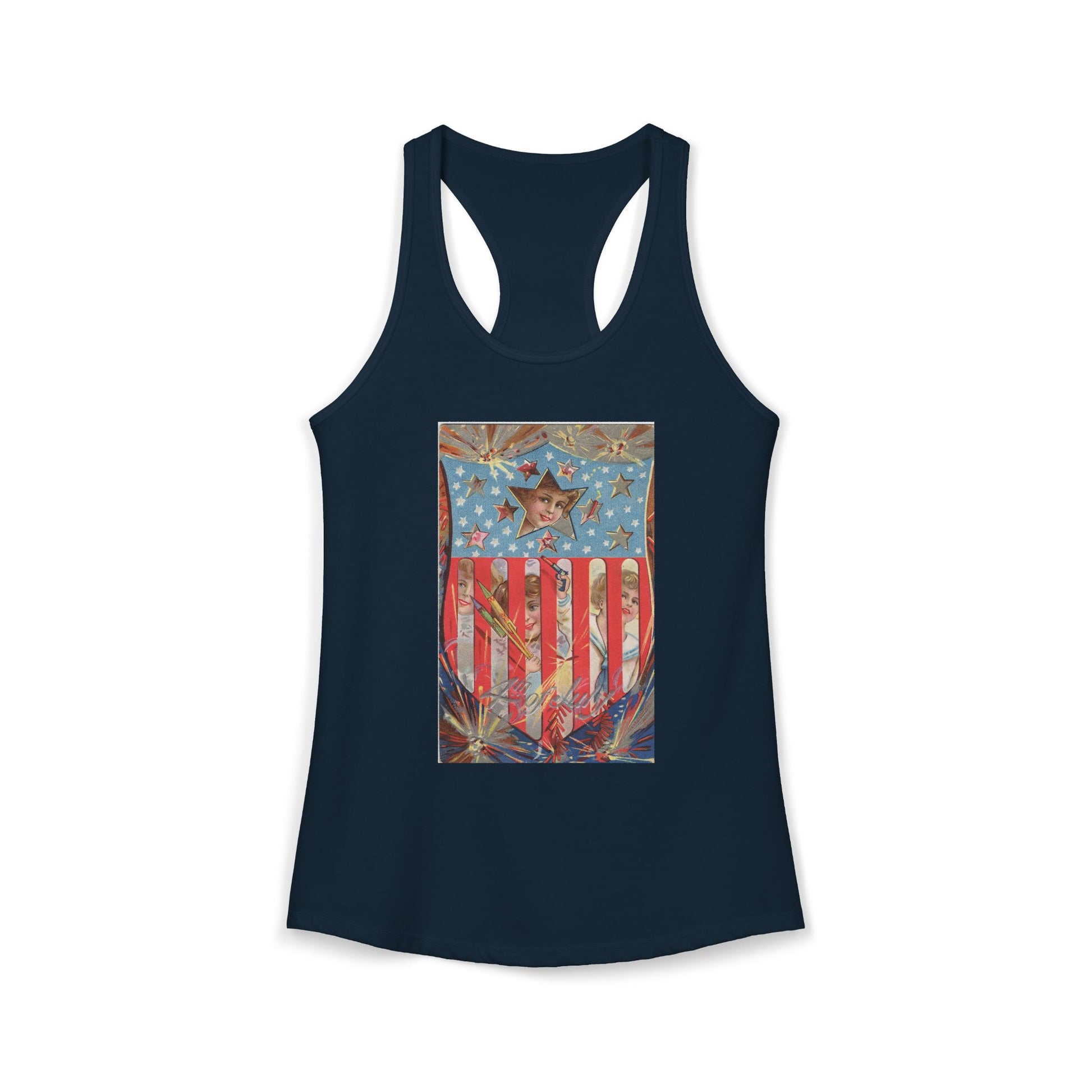 4th of July Shield Girls racerback tank warm gray — vintage embossed patriotic postcard art — The Faded Label Co.