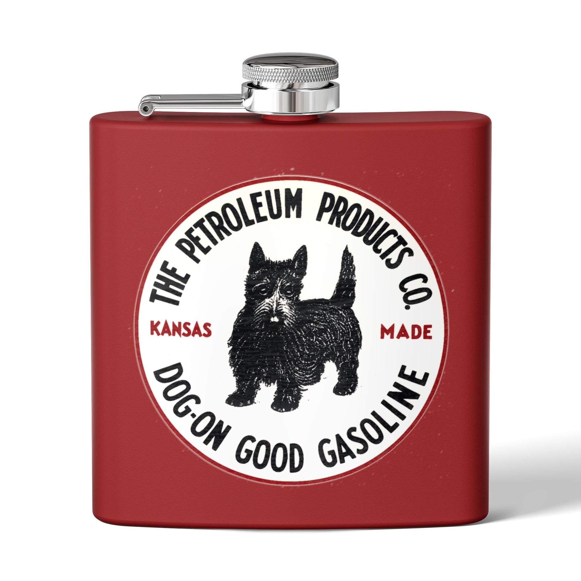 Dog-On Good Gasoline flask detail — vintage Scottie Dog petroliana gift — The Faded Label Co.