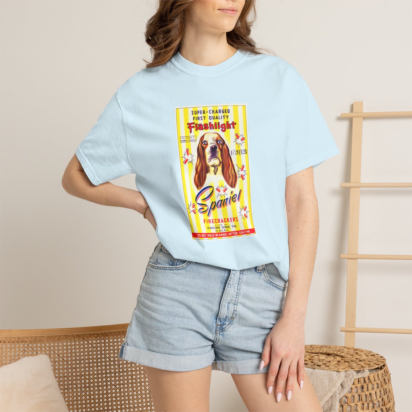 Spaniel Brand Firecrackers t-shirt size detail — Comfort Colors unisex vintage fireworks tee — The Faded Label Co.