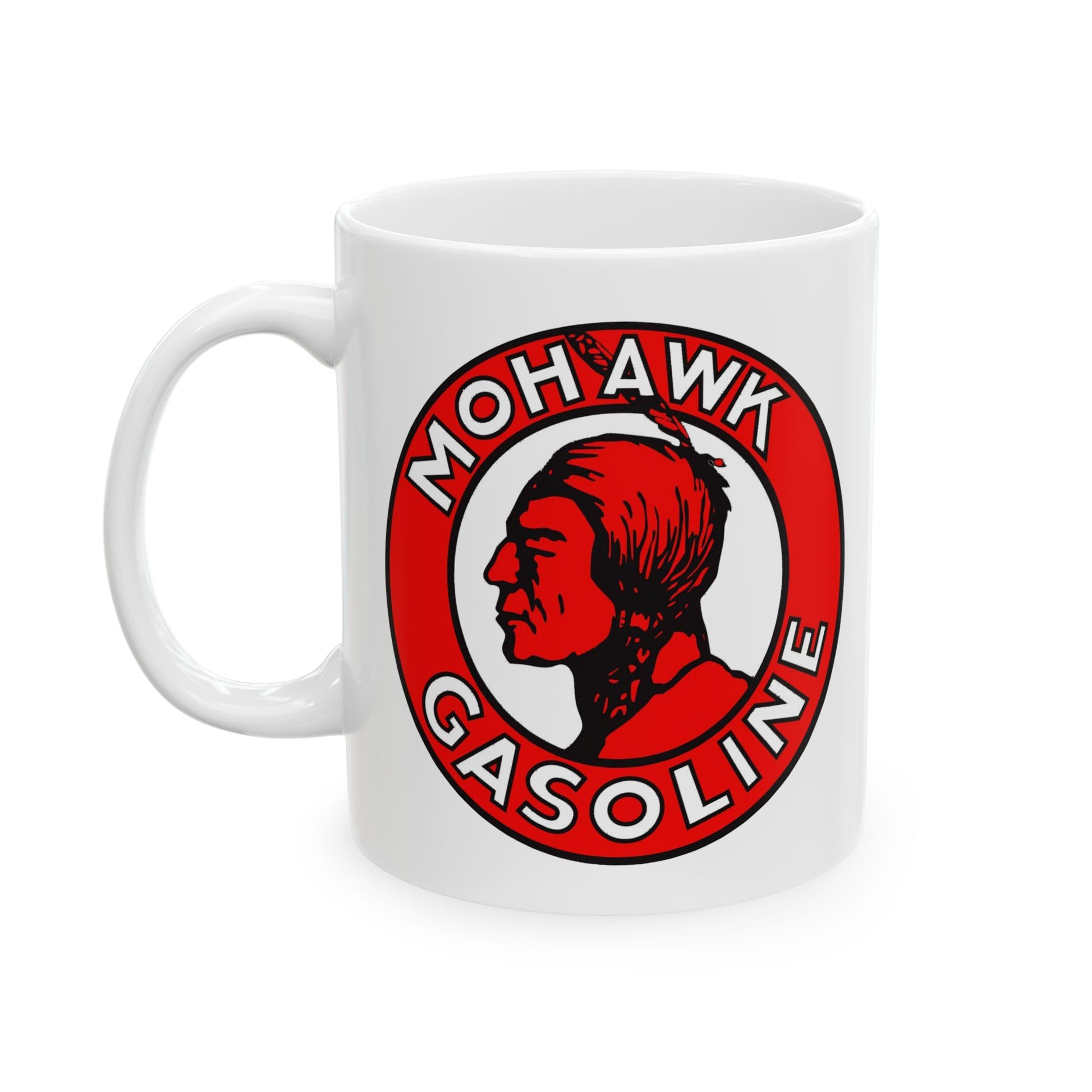 Mohawk Gasoline white coffee mug — vintage petroliana art — The Faded Label Co.