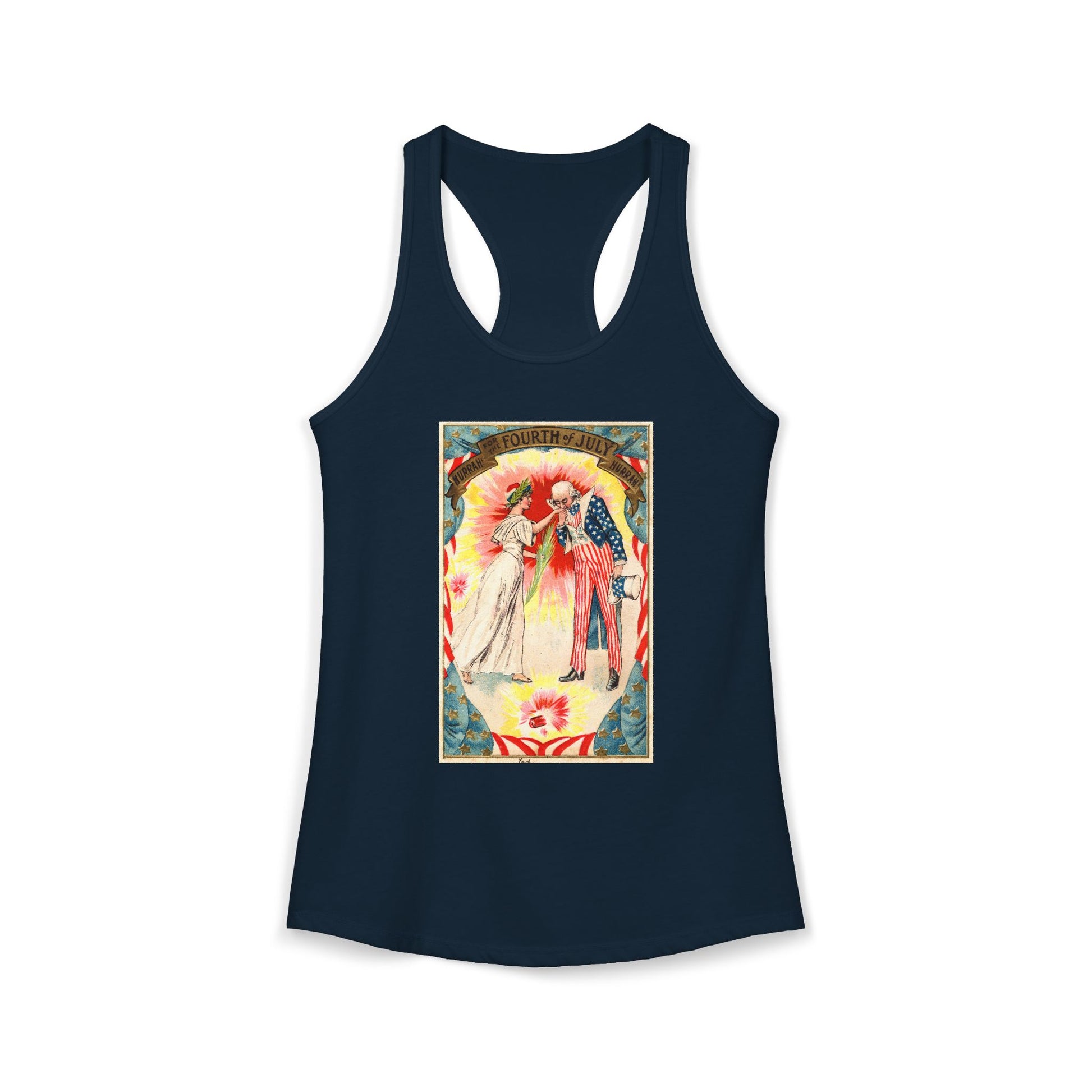 Uncle Sam and Columbia racerback tank warm gray — vintage Fourth of July postcard art — The Faded Label Co.