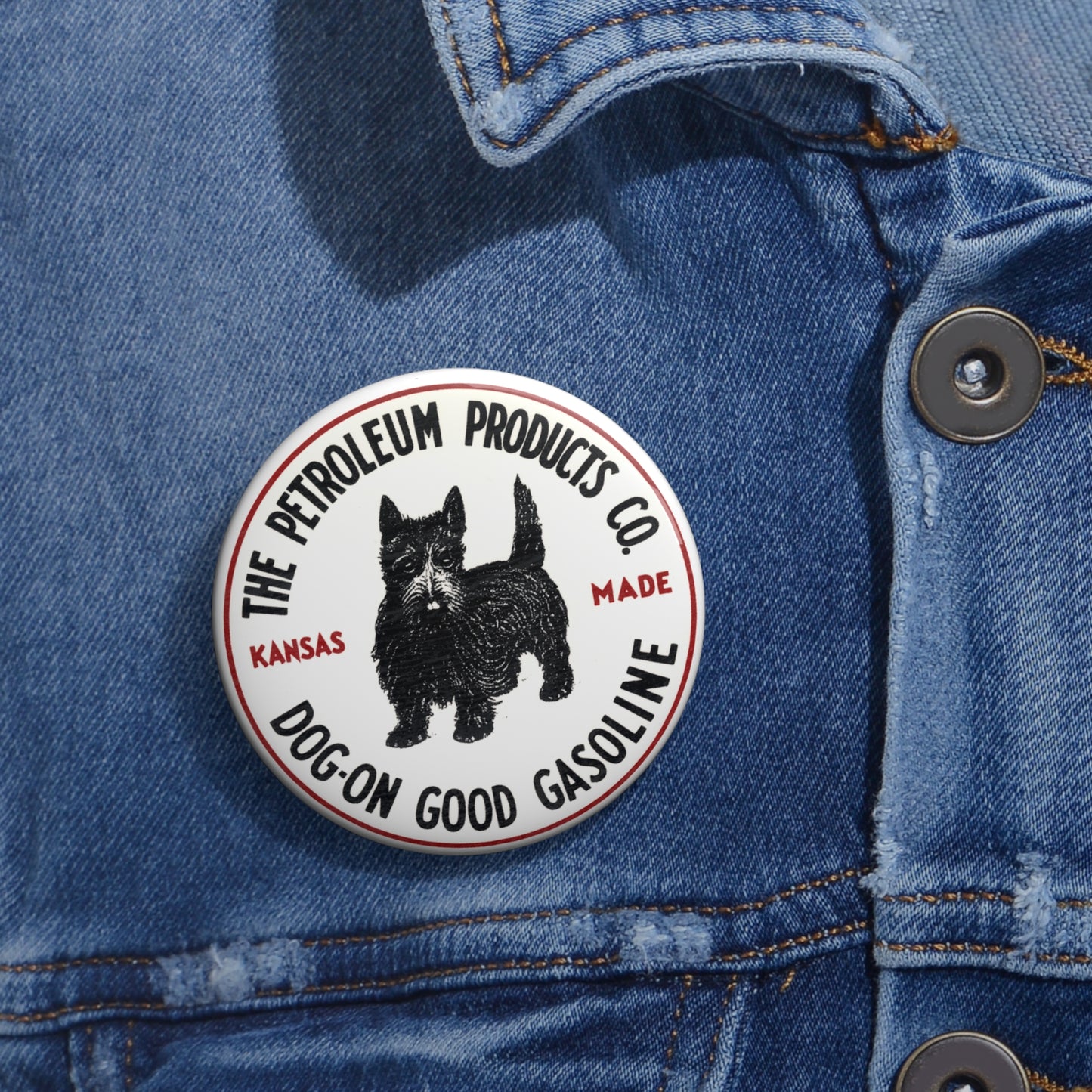 Dog-On Good Gasoline pin button on jacket — Kansas petroleum brand lapel pin — The Faded Label Co.