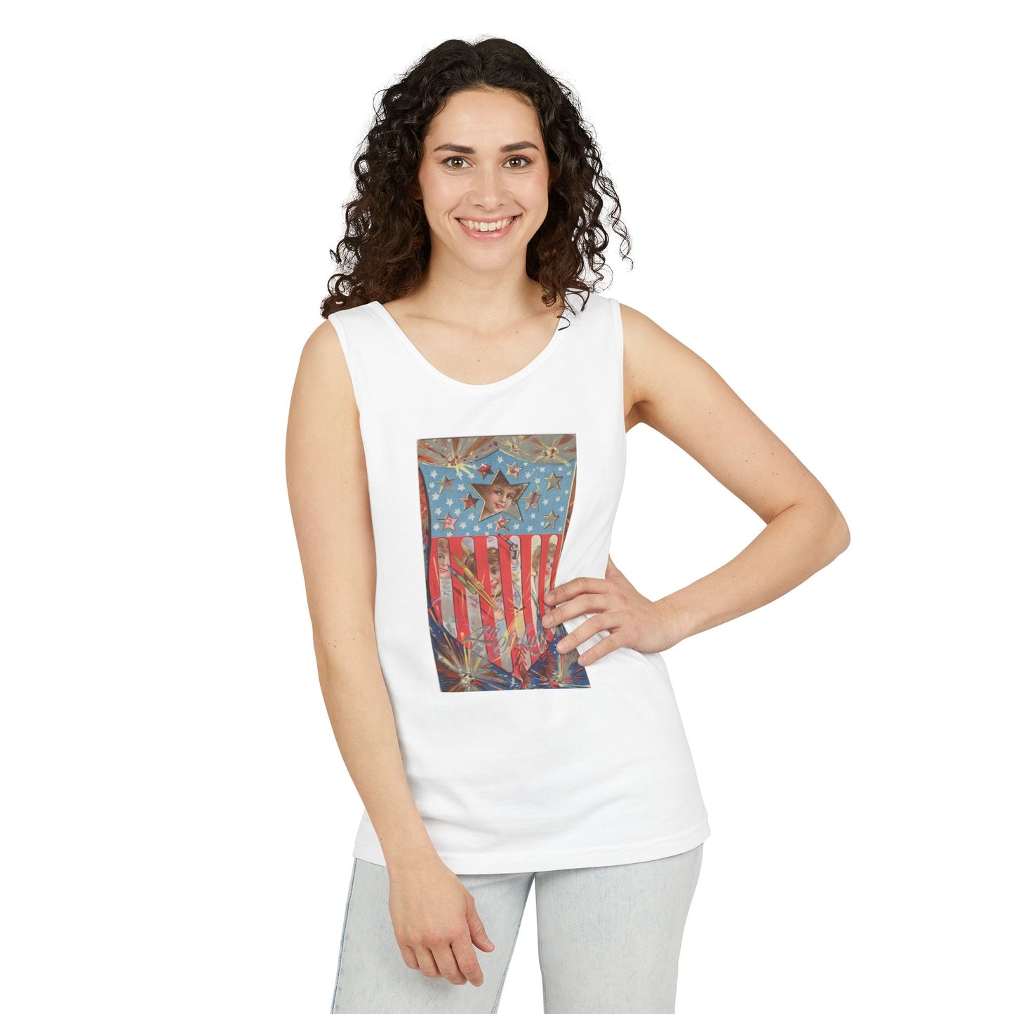 4th of July Shield Girls tank top lifestyle front — early 1900s American shield chromolithograph — The Faded Label Co.