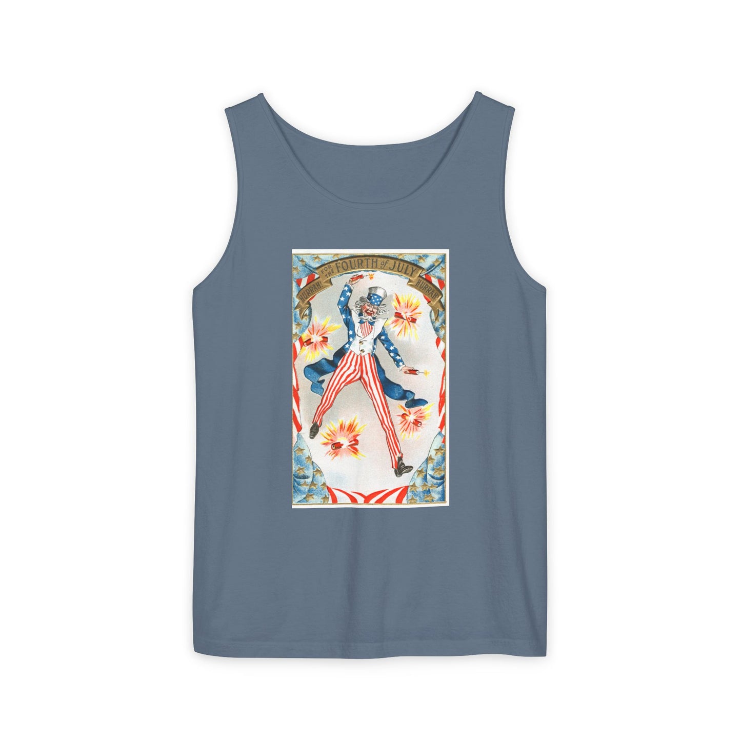 Hurrah Fourth of July Uncle Sam tank top white — vintage patriotic postcard art — The Faded Label Co.