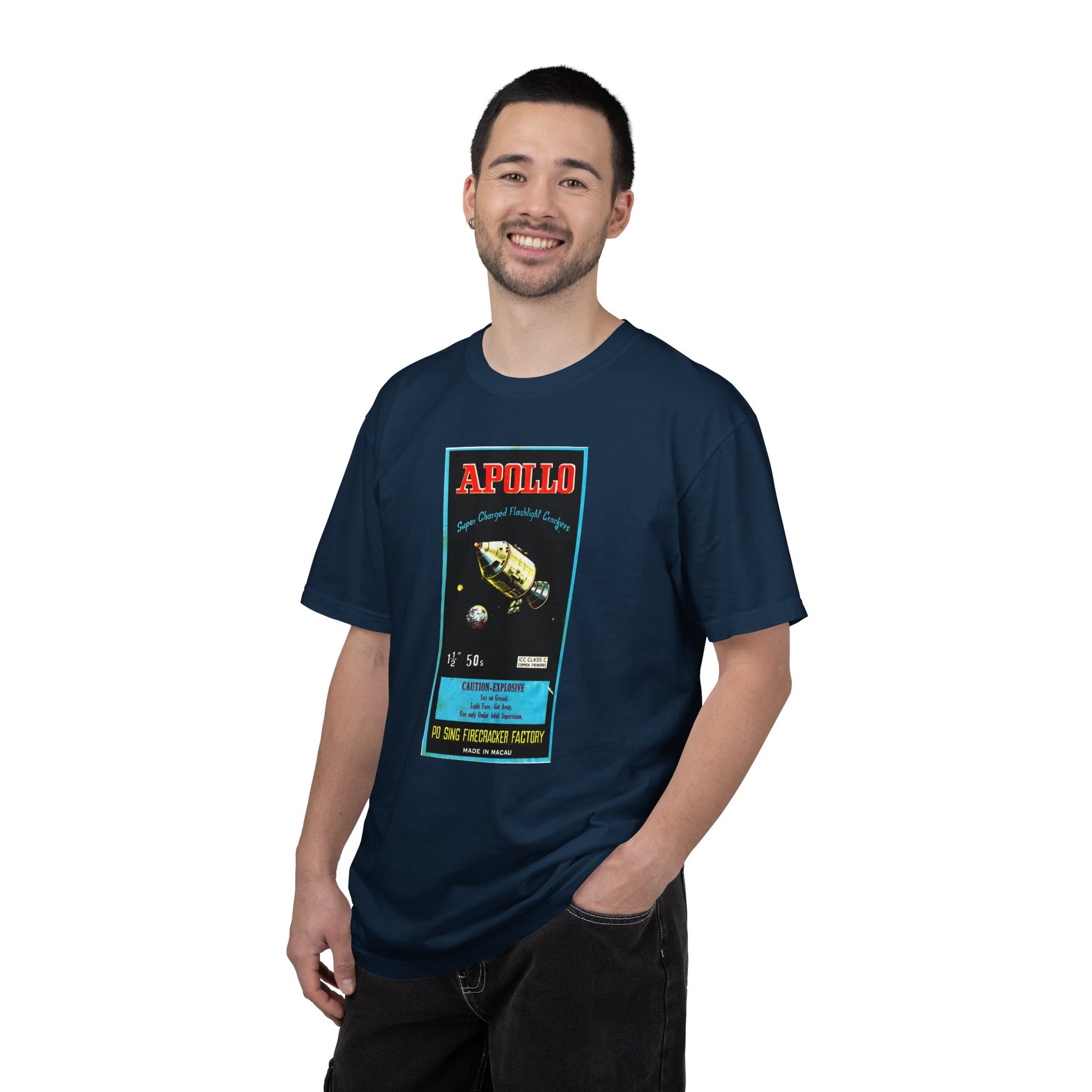Apollo Firecrackers t-shirt True Navy — America's 250th fireworks apparel — The Faded Label Co.