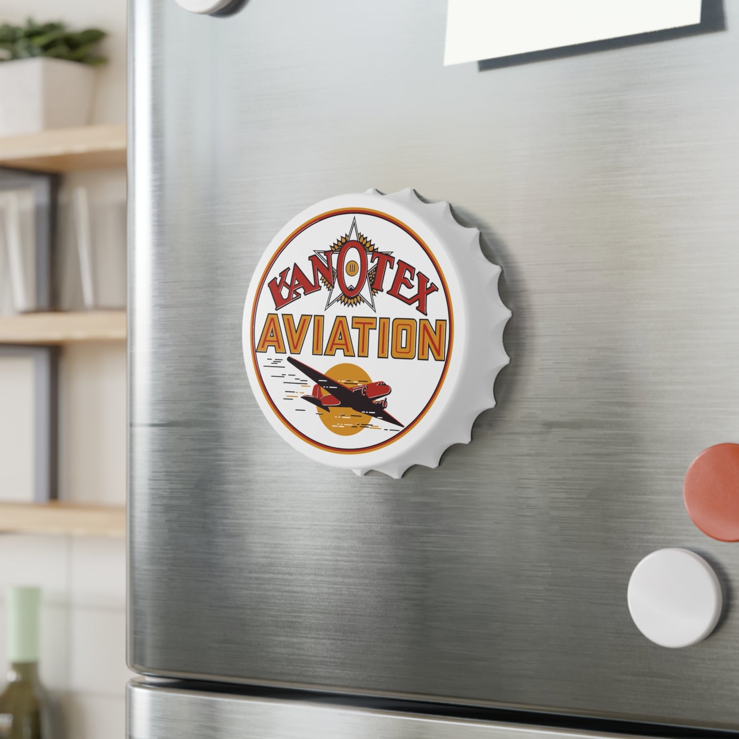 Kanotex Aviation opener on fridge — vintage petroliana decor — The Faded Label Co.