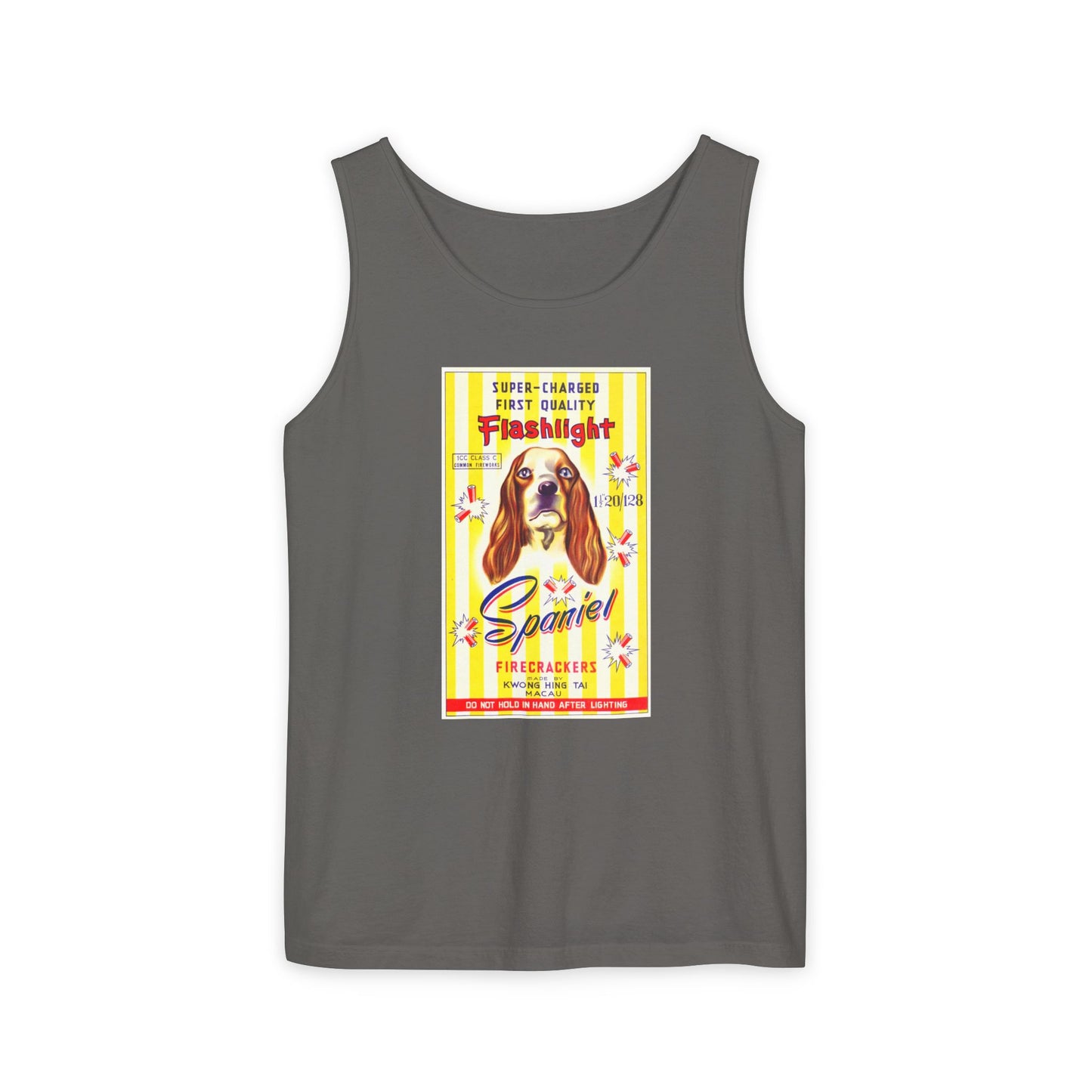 Spaniel Brand Firecrackers tank top blue jean — Comfort Colors garment-dyed — The Faded Label Co.