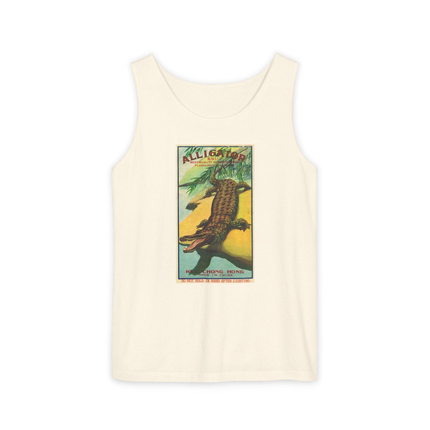 Alligator Firecrackers tank top white — vintage fireworks label art — The Faded Label Co.